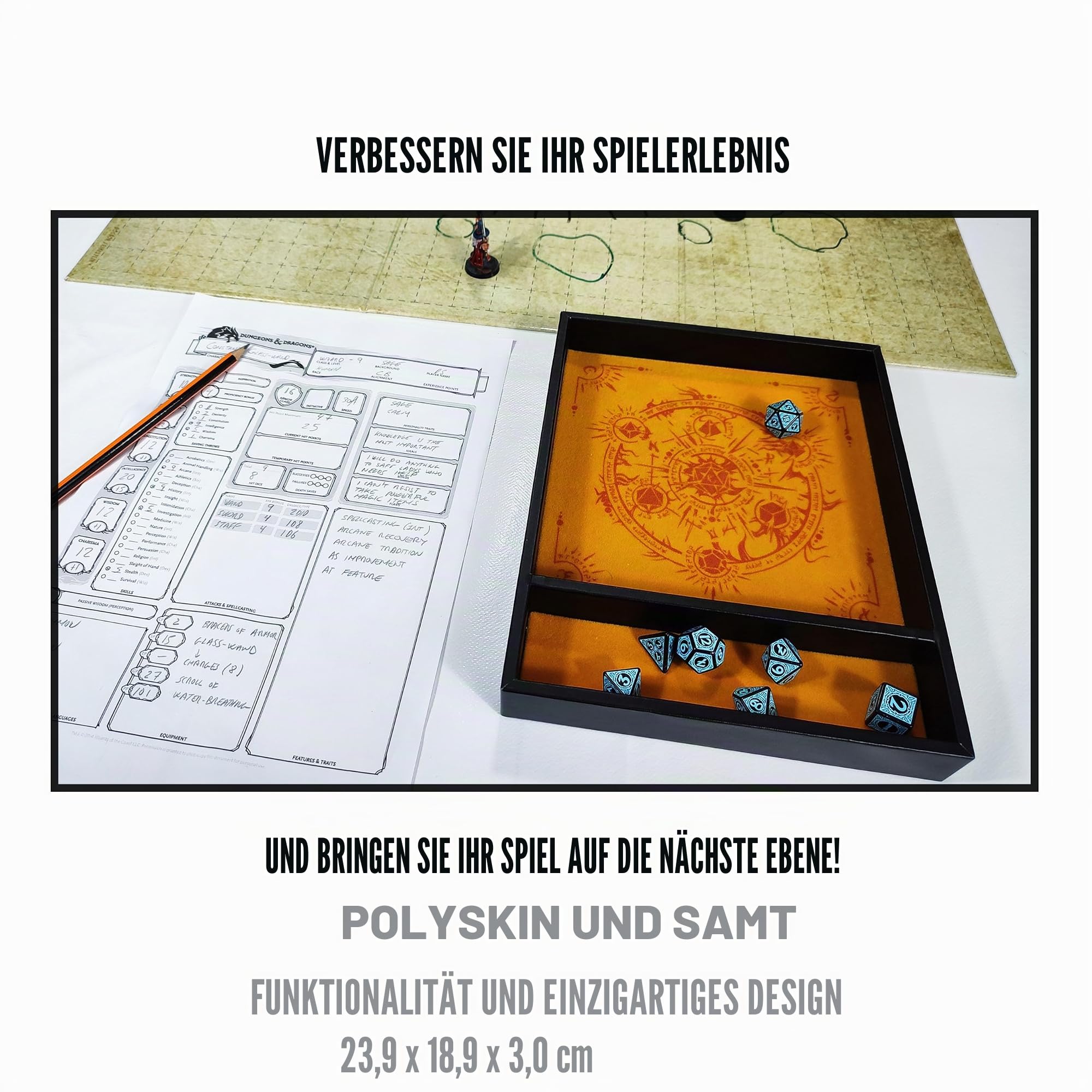 RECHTECKIGE WÜRFELPLATTE 'Critical ROLL DICE Tray', aus Leder und SAMT, Stauraum, KOMPATIBEL mit jedem Brett- und Rollenspiel (Gelb)