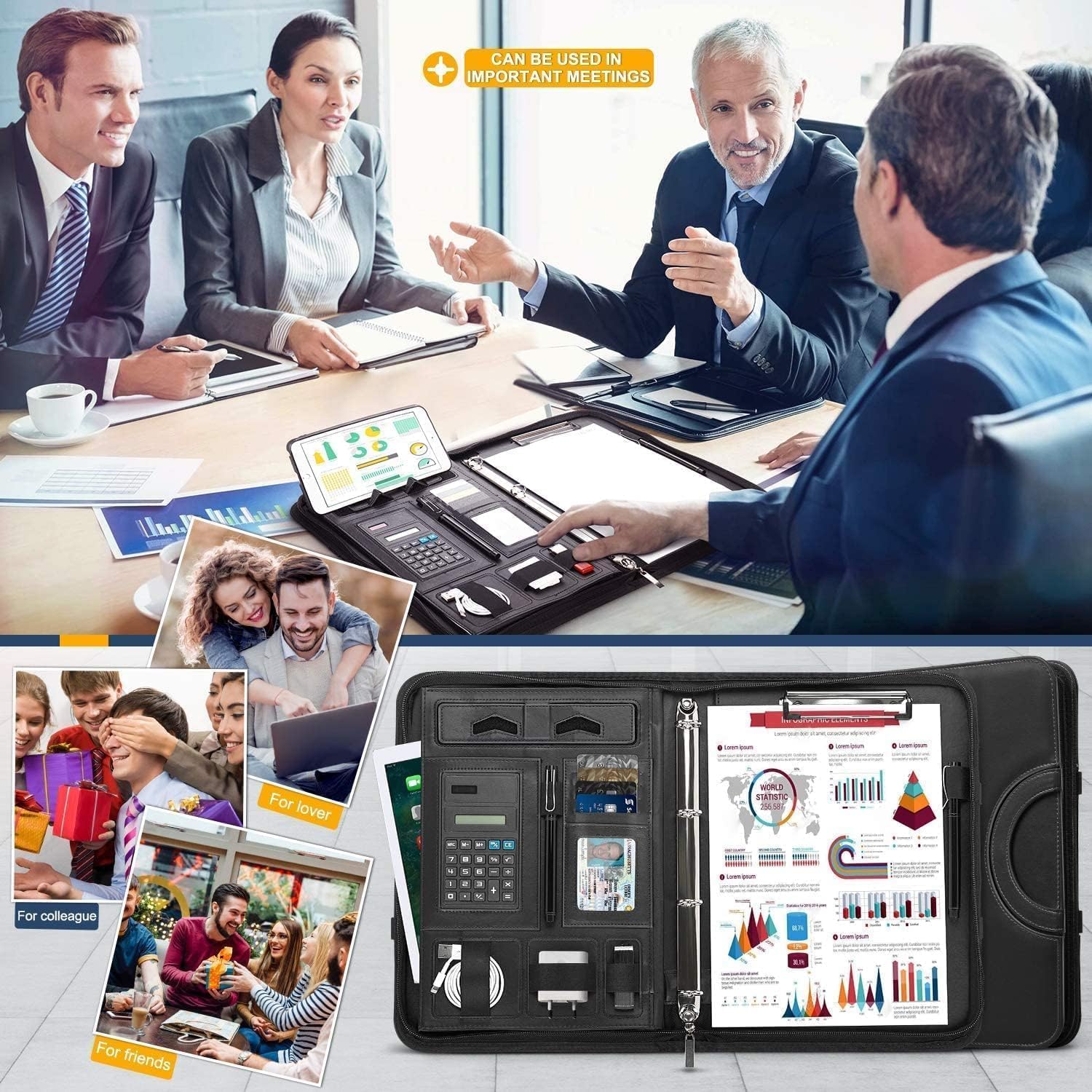 WONSEFOO Porte-documents A4 avec anneaux en cuir, grands compartiments, poignées magnétiques pliables, support tablette smartphone, 5 compartiments cartes