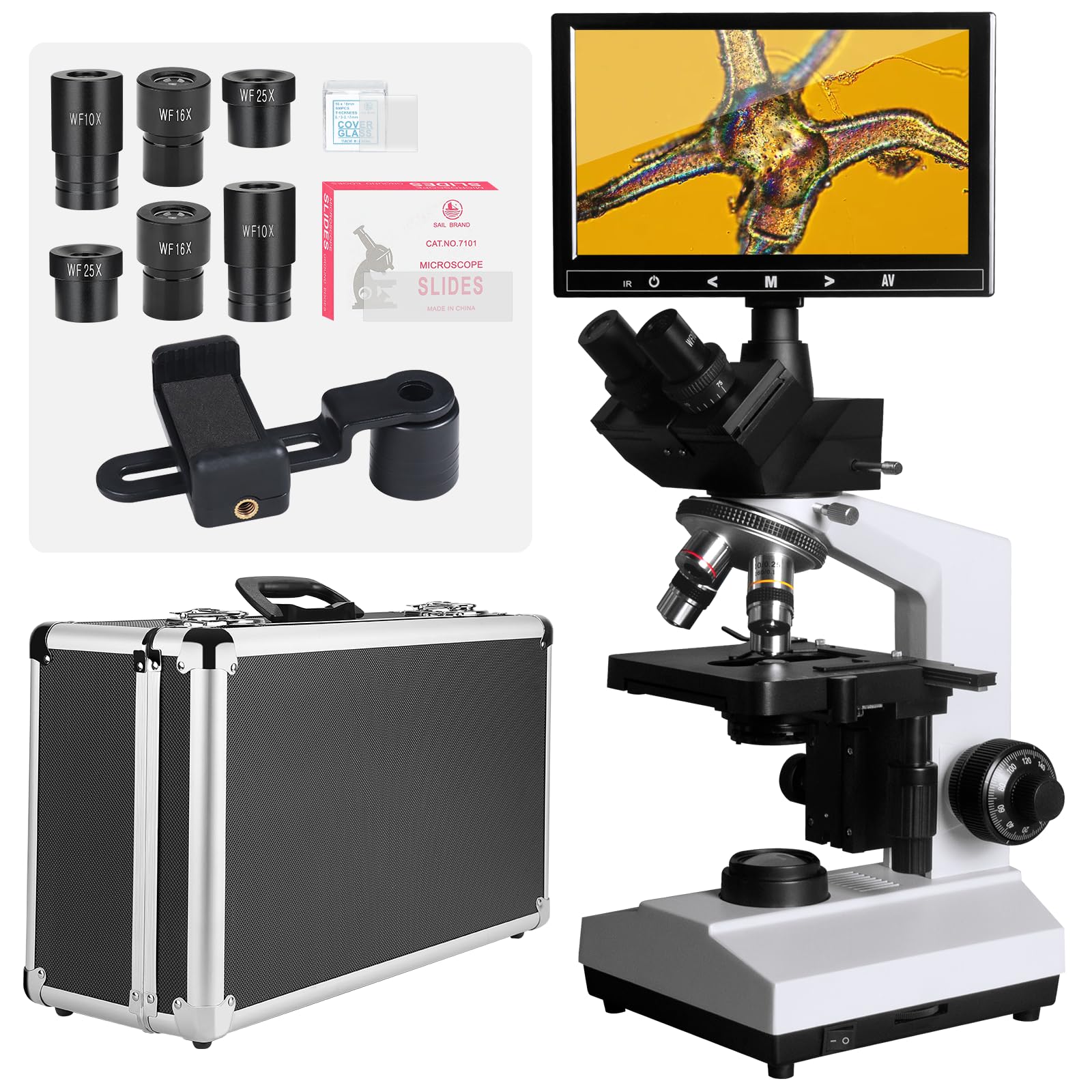 Lab - Microscopio composto trinoculare a campo oscuro e campo luminoso, ingrandimento 40X-2500X con monitor da 7", oculare E-5MP, stadio meccanico regolabile, sorgente LED
