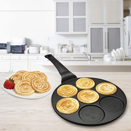 Vista 7 de Sartén mini para hotcakes con emojis - 7 caras sonrientes únicas para niños, sartén antiadherente para hotcakes con moldes para la estufa, plancha