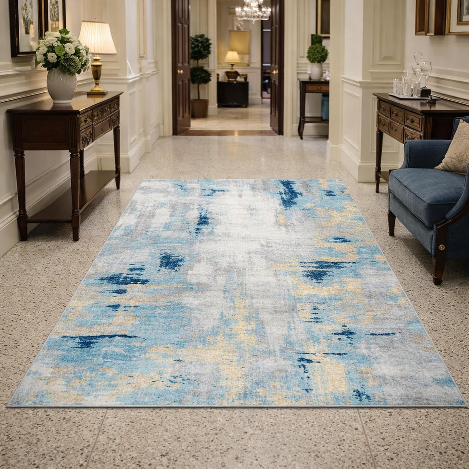 Tapis poils courts turquoise et jaune 60x120 cm pour salon et entree