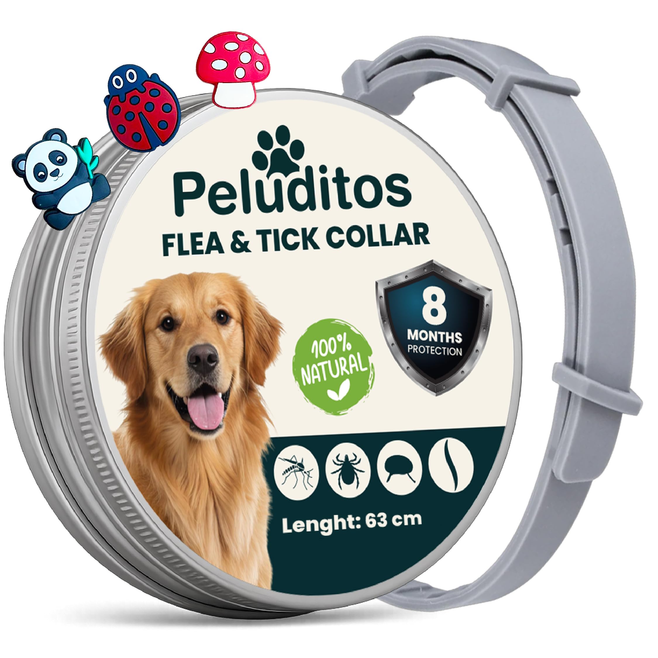 Collar antiparasitario Natural para Perros – protección hasta 8 Meses contra pulgas y garrapatas – 3 Charms de Regalo - Ajustable y Suave con su Piel.