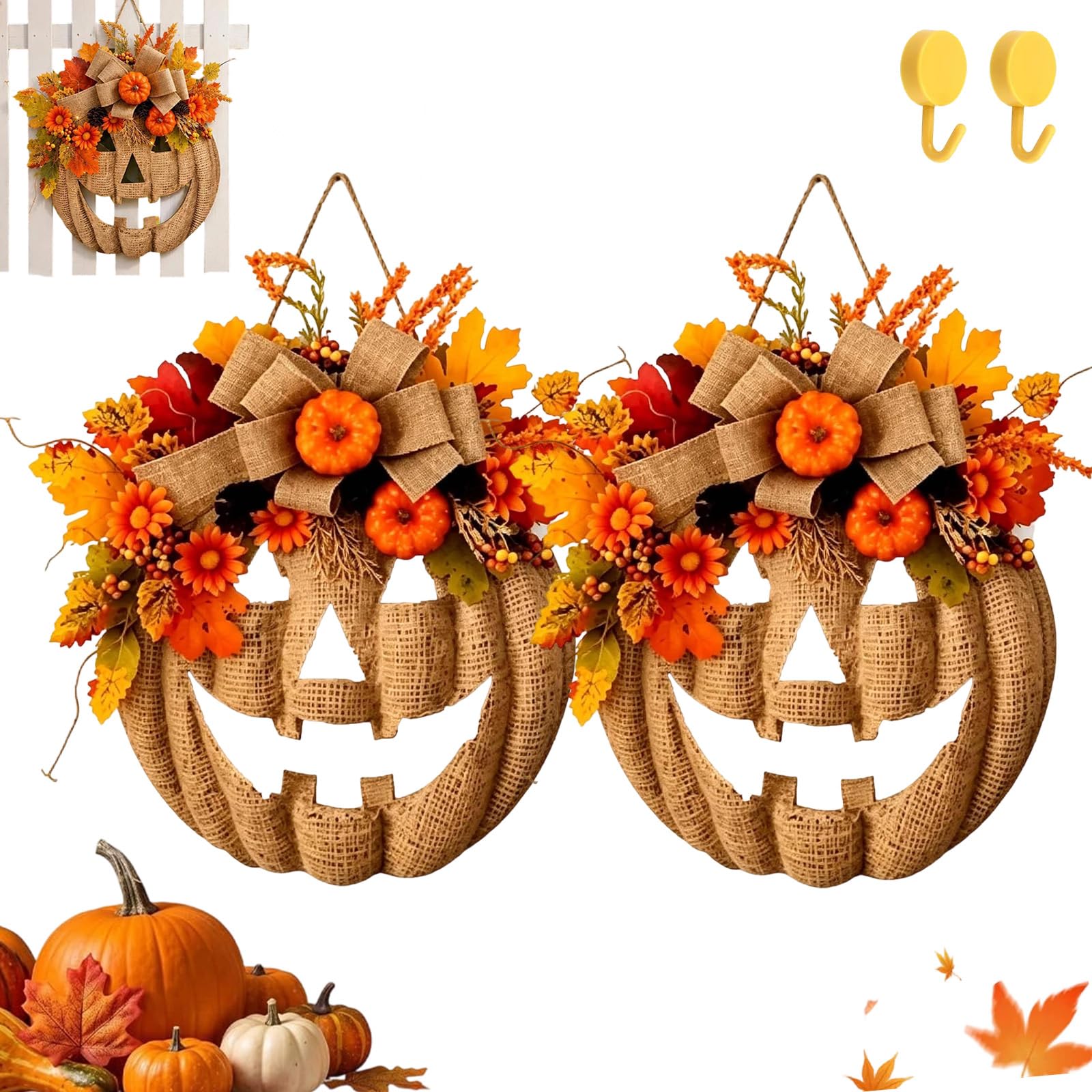 Lighted Burlap Pumpkin Wreath, Halloween Garland Patchwork Adorned with Remote Control, Halloween Farmhouse Fall Harvest Wreath for Indoor Outdoor Wall Porch Home Door (2pcs,Without Lights)