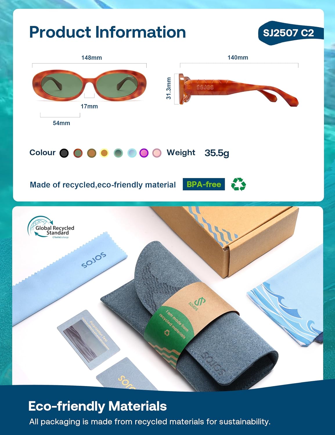 SOJOS Ocean Collection Retro Oval Polarized Sunglasses for Women Men Vintage Recycled Plastic Frame Eco-Friendly, Sunlight