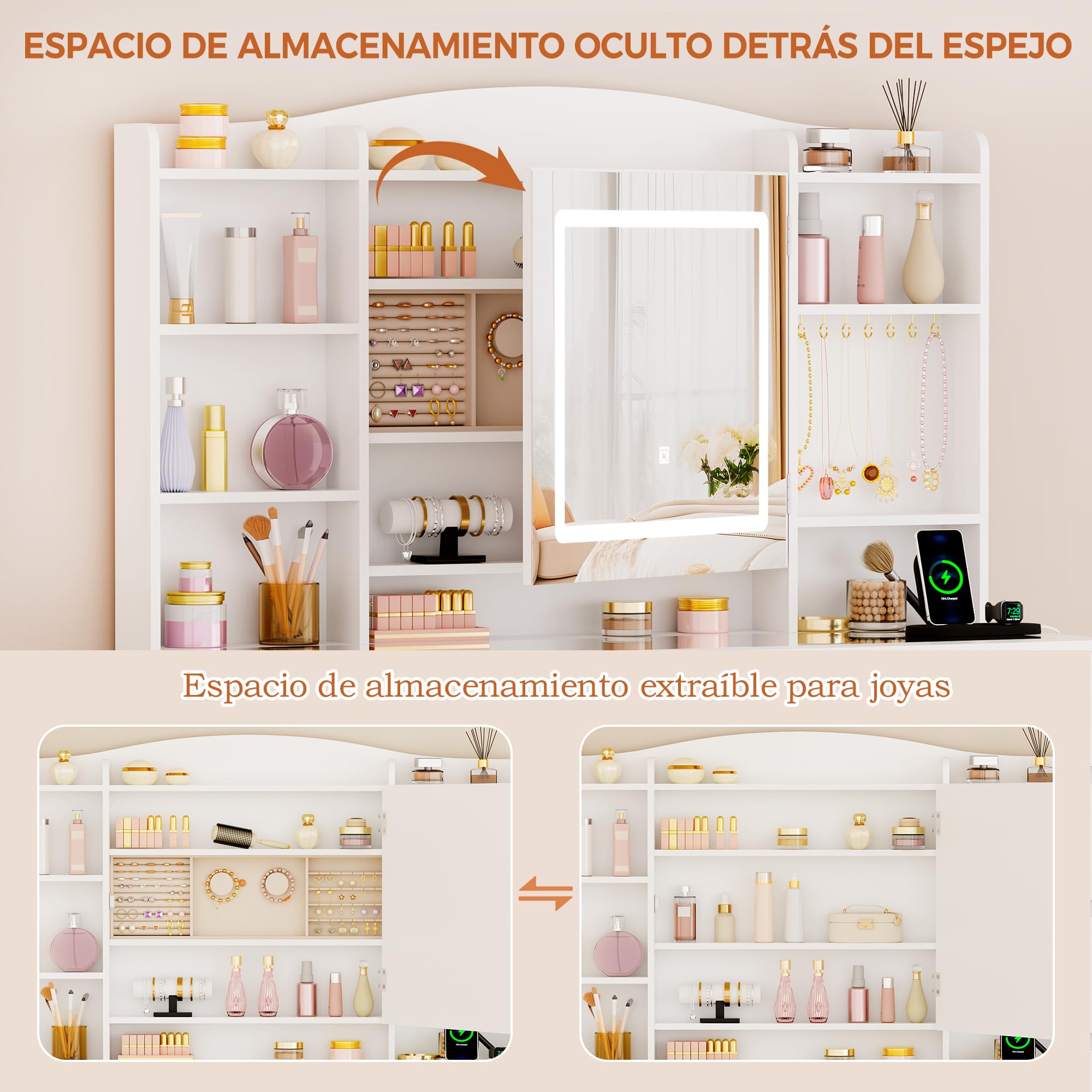 ANWBROAD Tocador Grande con Luz LED Regulables y Enchufes, Tapa de Vidrio | Tocador de Maquillaje con Almacenamiento para Joyas, Mesa de Maquillaje con 9 Cajones 7 Estantes Abiertos Blanco BDT21W