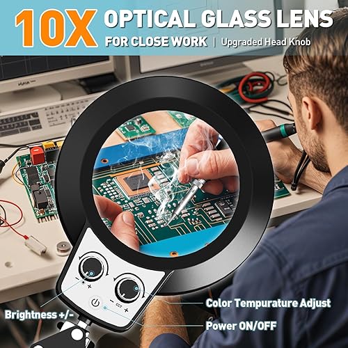 Miniatura 4 de Estación de soldadura Helping Hands, lupa 10X con luz y soporte, 4 pilares magnéticos de PCB, lámpara de lupa de atenuación continua de color