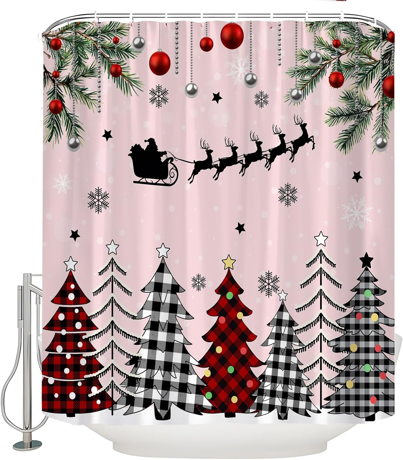 Christmas Tree Shower Curtain Winter Red Black Plaid Christmas Tree Santa Ball Snowflake Pine Tree Branch Rustic Xmas Holiday Pink Fabric Bathroom Decor Curtain with Hooks,70x83.8 Inch