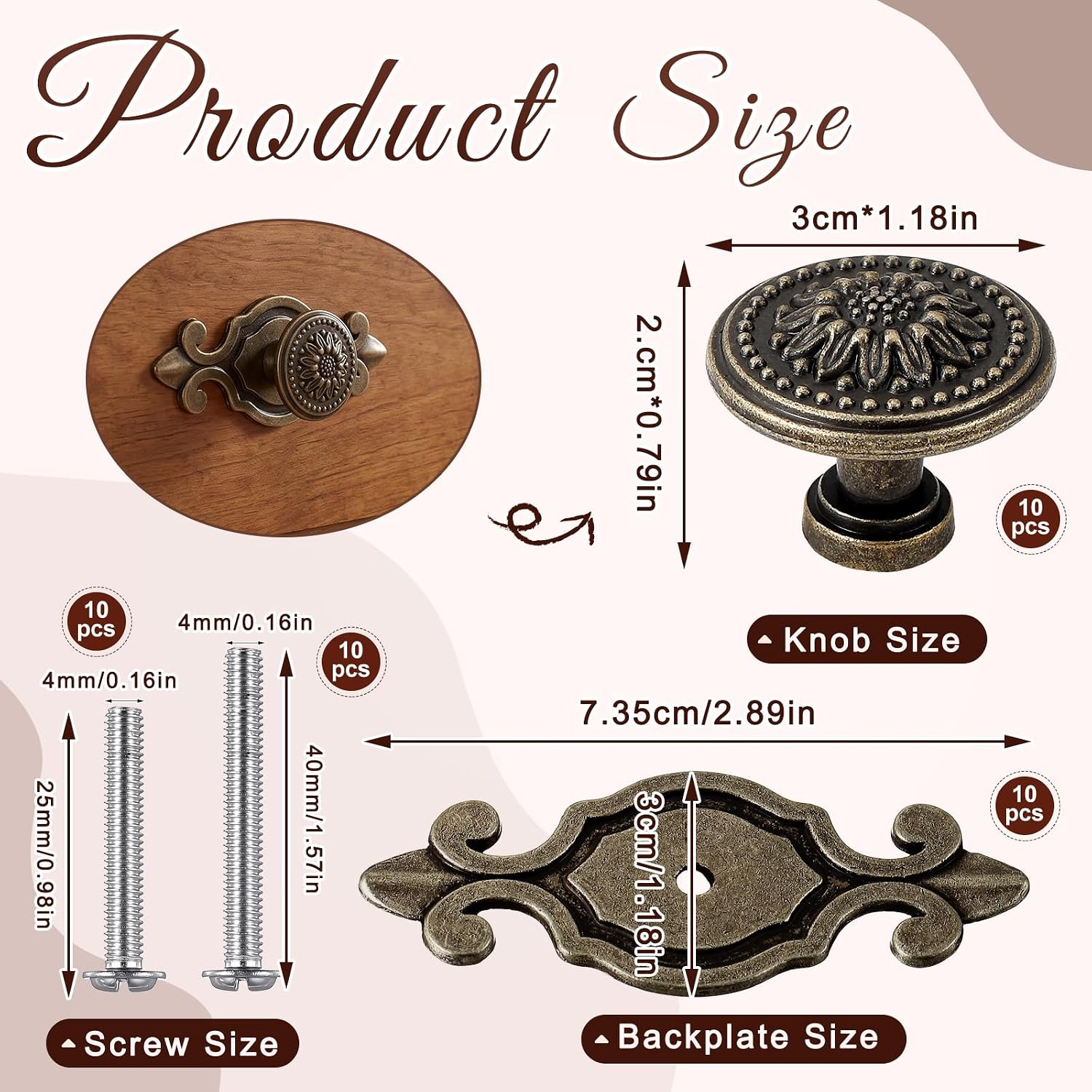 10 Pcs Antique Brass Cabinet Knobs Vintage Retro Drawer Knobs with Backplate Flower Shape Metal Dresser Pull Handles for Kitchen Cupboard Wardrobe Cabinet (Daisy) image 2