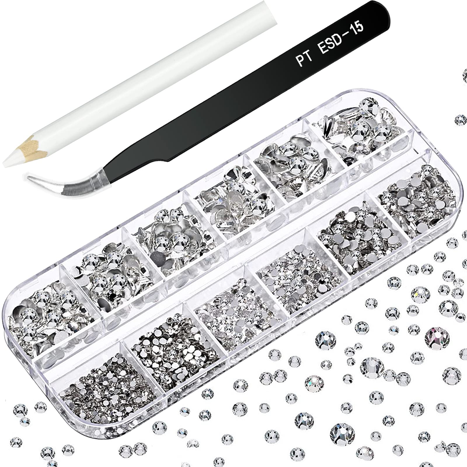 2000 Pieces Flat Back Gems Art Rhinestones Clear Round Crystal Rhinestones 6 Sizes (1.5-6 mm) Nails Rhinestones with Tweezer, Picking Pen for Nail Art Decorations, Clothes and Craft Crafting
