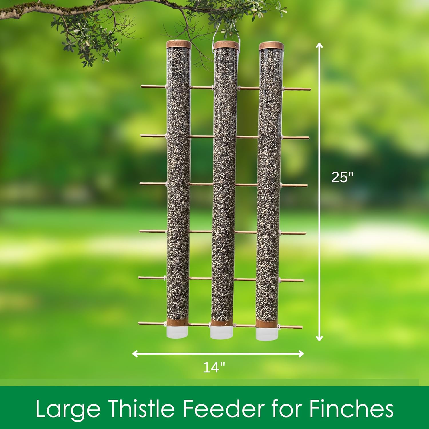 Songbird Essentials Finches Favorite Brushed Copper 3 Tube Thistle Feeder - 24-Bird Capacity - Nyjer Seed - Metal Caps and Perches - Large Goldfinch Feeder Outdoors