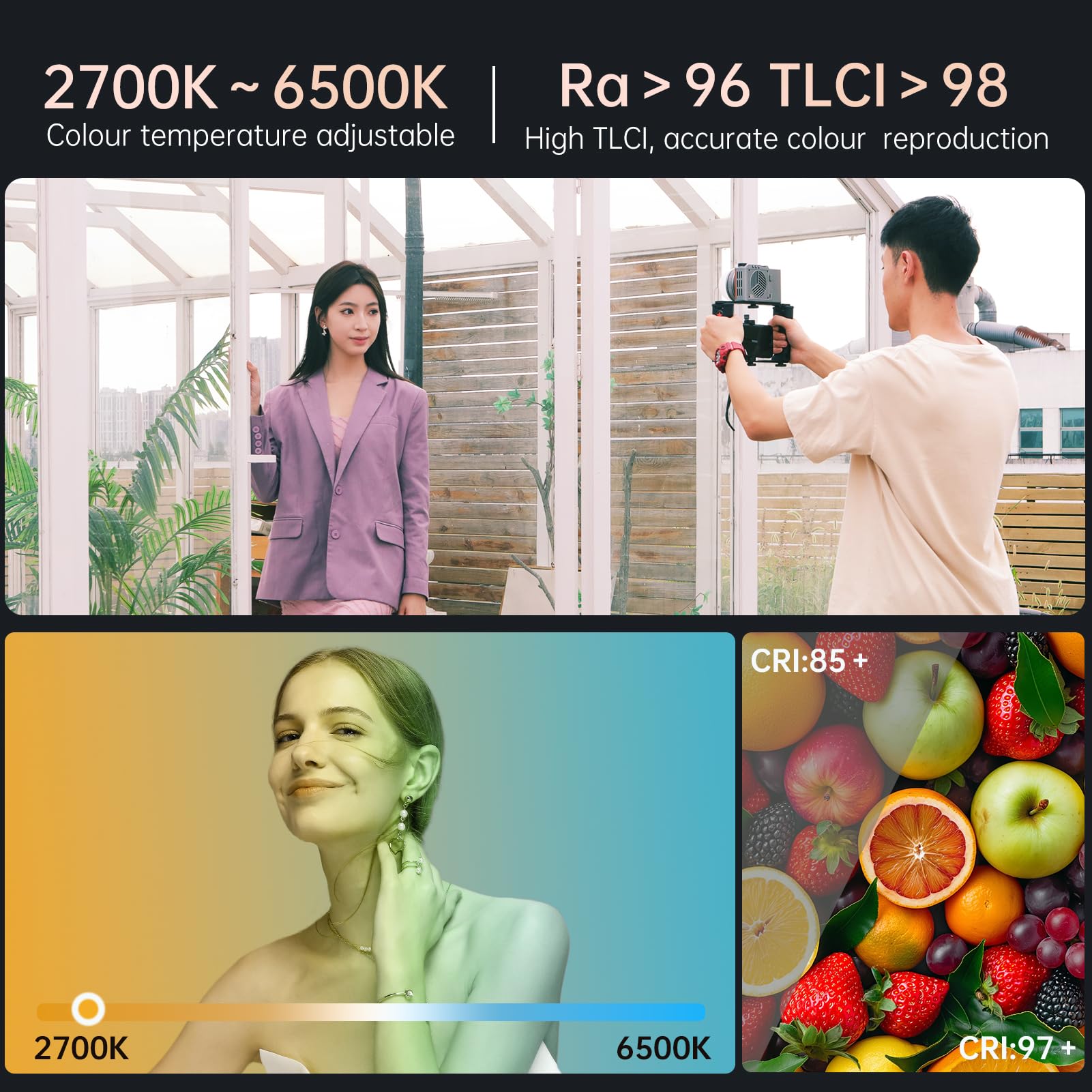 Lámpara de vídeo LED portátil de 40 W con batería integrada 2400 mAh lente ajustable App Control Ra>96 + Bi-Temperature COB Continuous Output Lighting 2700 K-6500 K