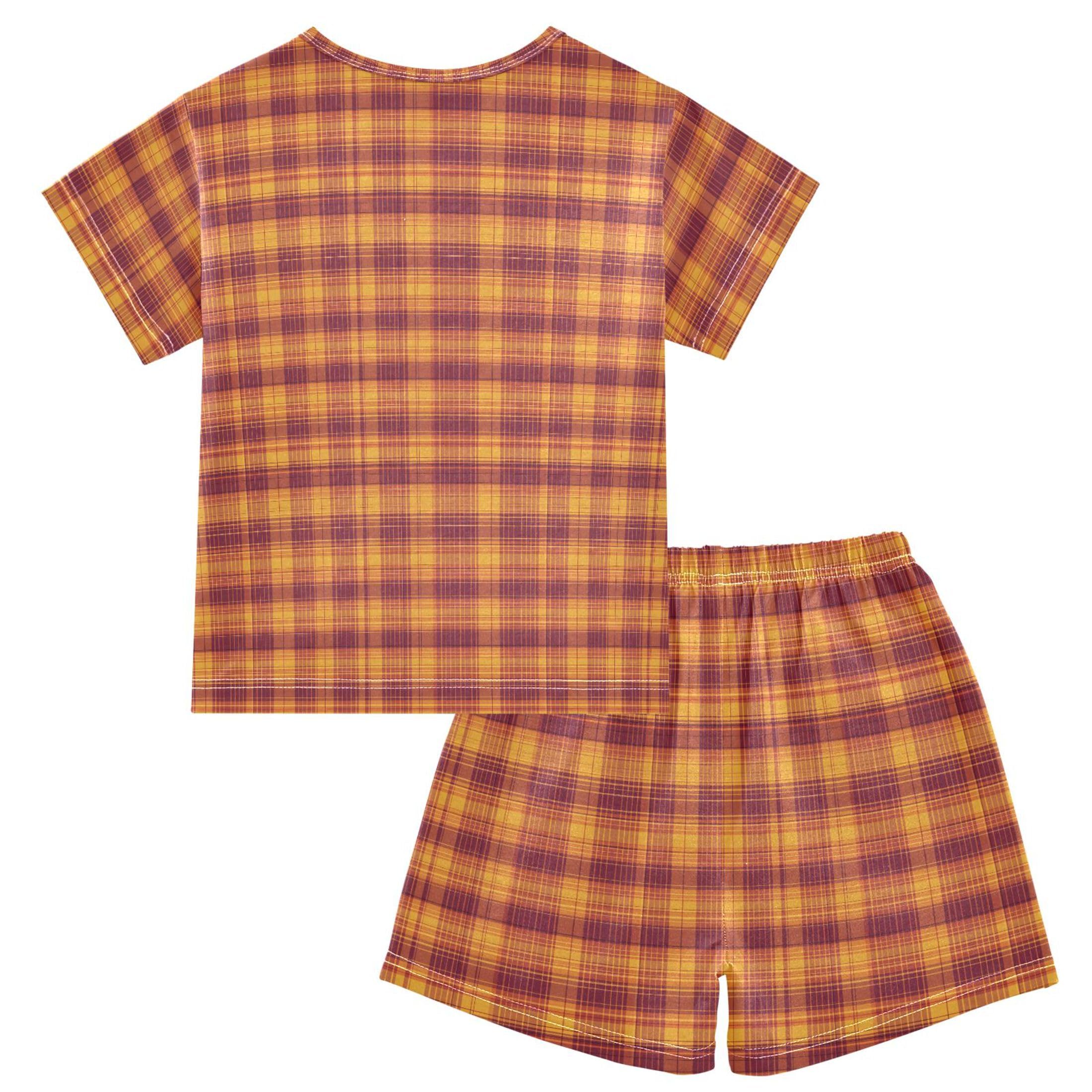 UMIRIKO Orange Buffalo Check Plaid Summer Short Sleeve Pajamas Sleepwear PJ Set B0403658