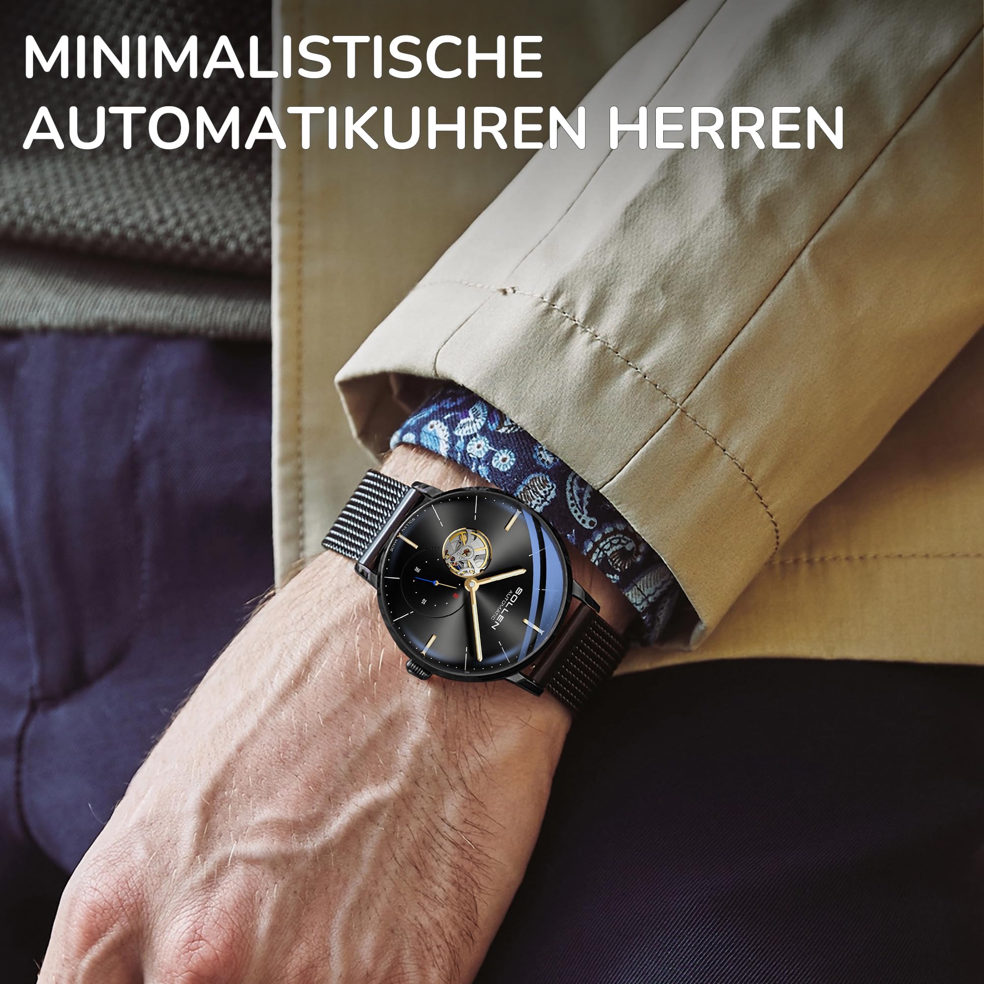 SOLLEN Automatikuhren Herren mit Skelettzifferblatt,Automatische Herrenuhren,Originales Mechanisches Uhrwerk,Leuchtend Selbstaufzug Herrenuhr mit Sekundenzeiger,Armbanduhren als Geschenk für Männer
