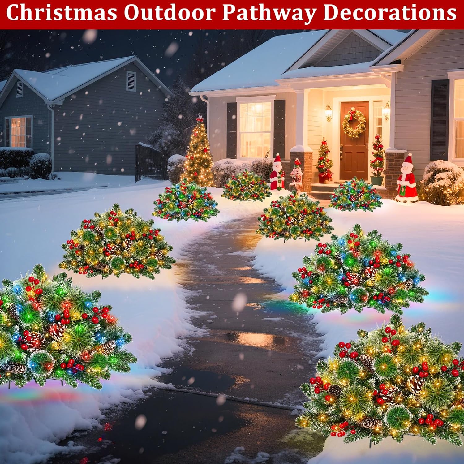 Timer Dual Color Change 2 Pack Outdoor Christmas Tree Urn Fillers 23 Inch Artificial Snowy Xmas Tree Pinecone Red Berries Tripod Stake Warm White & Colorful Light Battery Operated 8 Mode Porch Decor