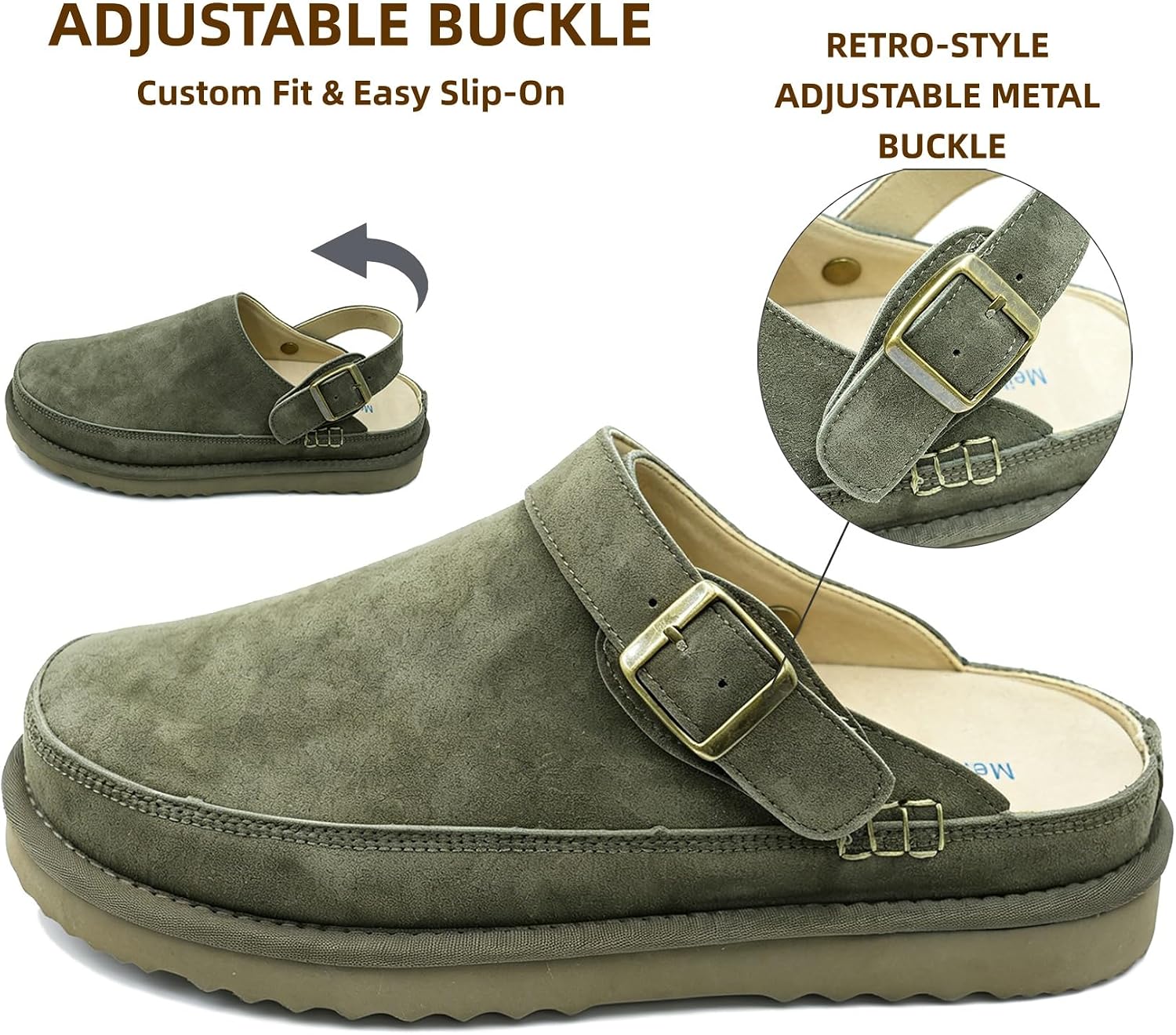 Meik Mangni Women's Suede Clogs Mules Adjustable Buckle Mens Slip-On Shoes with Natural Latex Insole Comfortable Platform Slippers Non-Slip EVA Outsole for Indoor & Outdoor