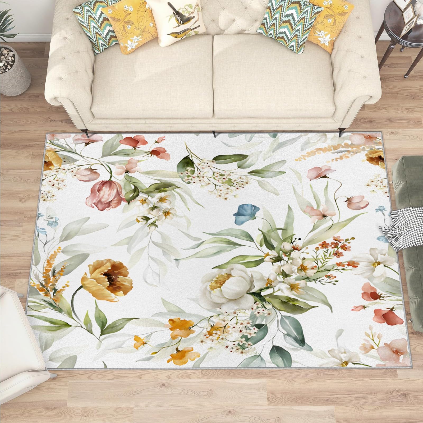 Waschbarer Kurzflor Teppich 120x160 cm – Weich & rutschfest, Mehrfarbige Wildblumen Teppich NatüRlich Wohnzimmerteppiche Modern QJ-116