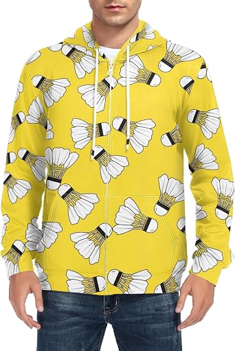 Mens Full Zip Hoodie Badminton Shuttlecocks Yellow Background Long Sleeve Casual Sweatshirt with Pocket Jacket Outfit