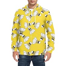 Mens Full Zip Hoodie Badminton Shuttlecocks Yellow Background Long Sleeve Casual Sweatshirt with Pocket Jacket Outfit