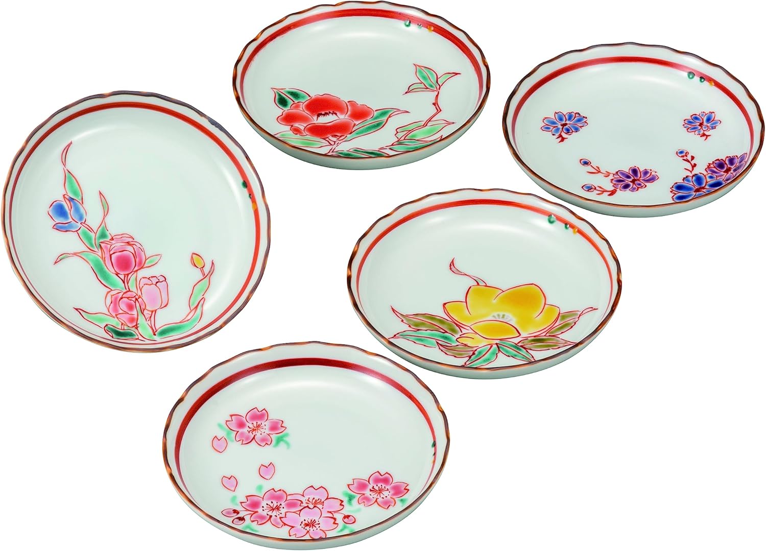 ナカマル〖九谷焼〗4.5号皿揃 草花絵変り 澤田郁美 K8-96