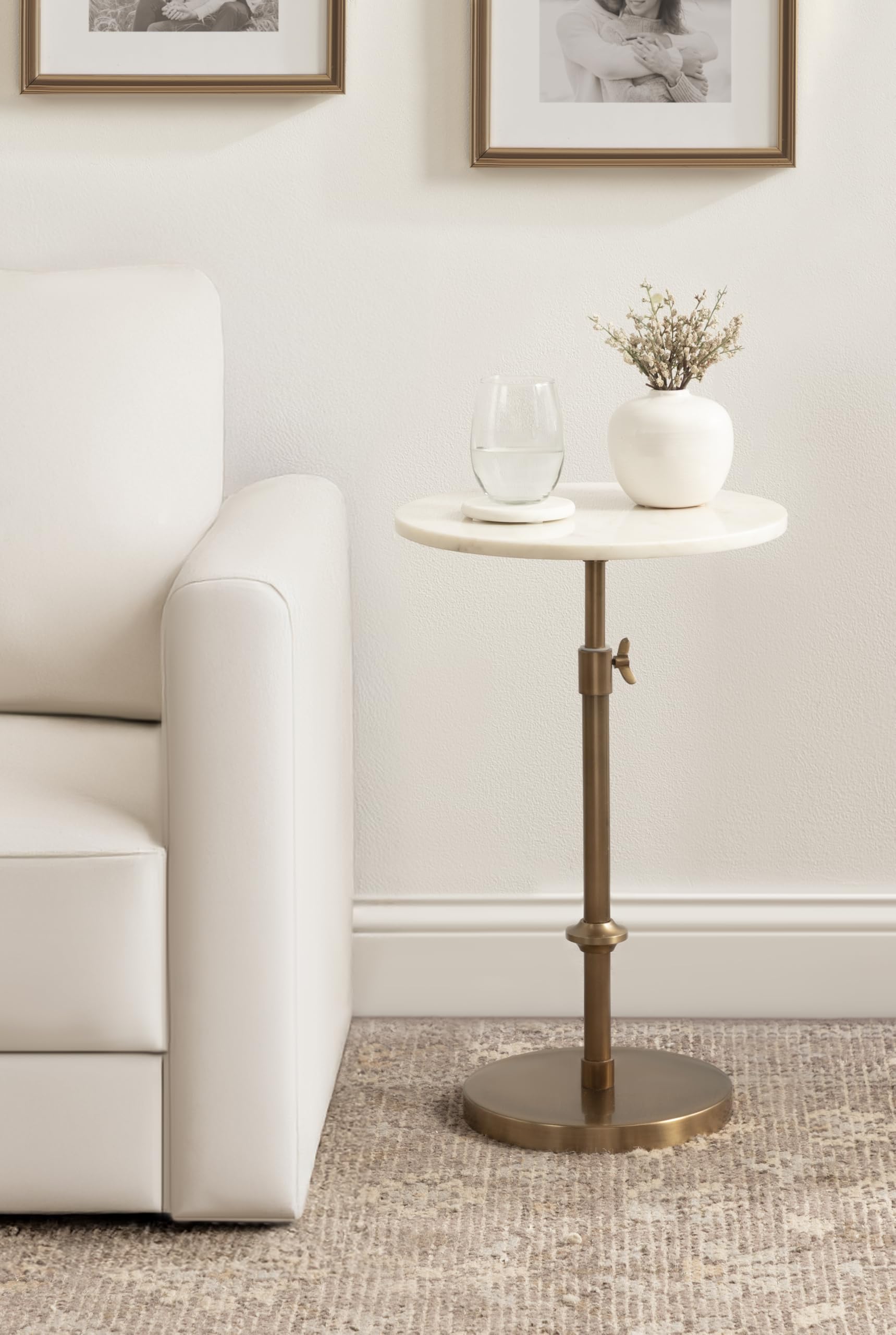 Kate and Laurel Engles Traditional Adjustable-Height Pedestal Side Table, 14 x 14 x 30, White Marble and Antique Brass, Vintage Round End Table for Use as Indoor Plant Stand with Authentic Marble Top