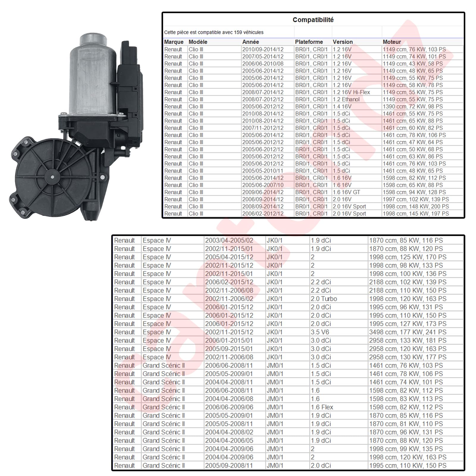 Motor Elevalunas Motor elevalunas eléctrico delantero derecho con módulo temic 6 pines compatible con Clio 3 Laguna 2 Megane 2 ESPACE 4 MEGANE 2 SCENIC 2 2001-2015 8200000938