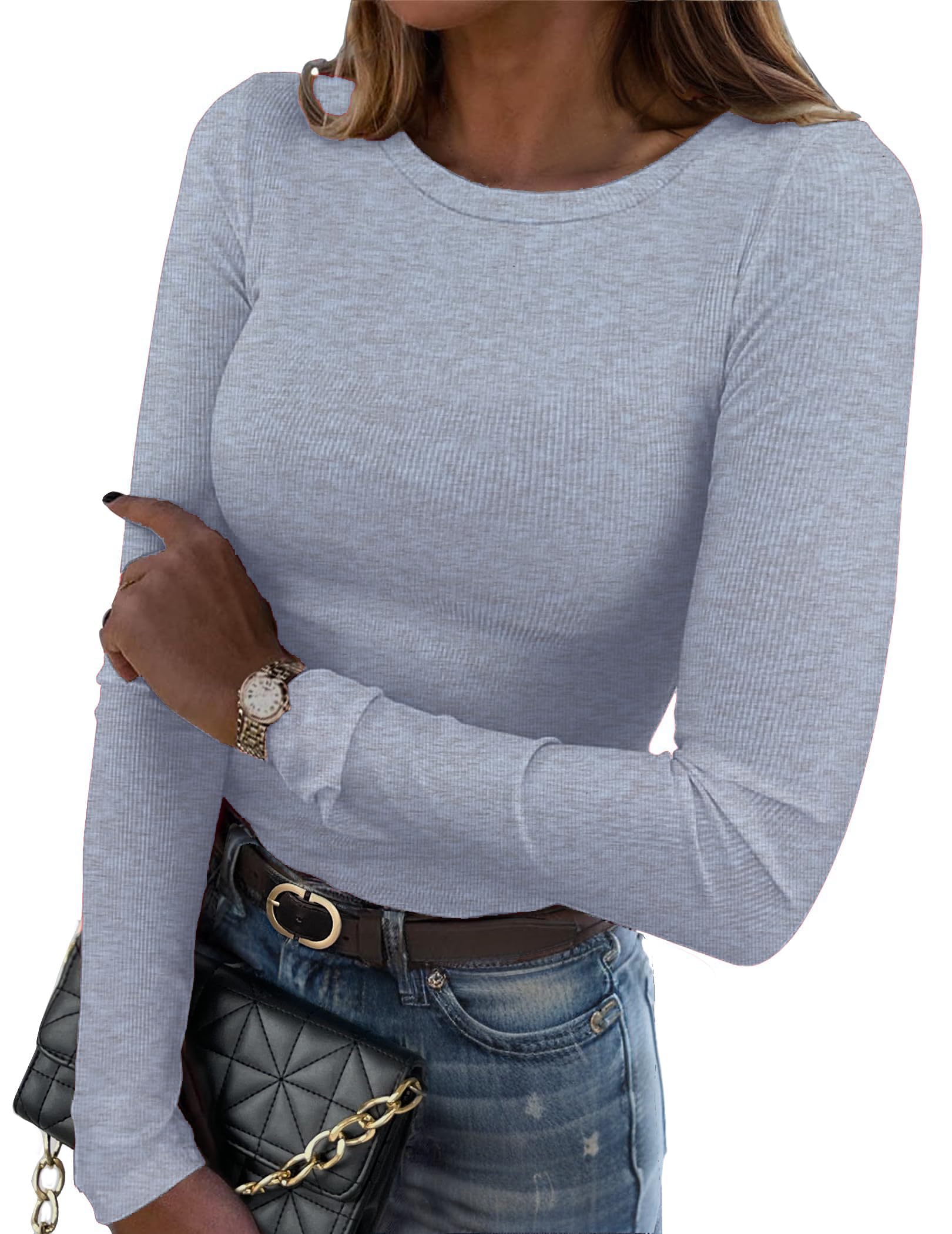 DUOEASE T-Shirt Femme Pull-on à Manches Longues Top Élégant Basique | Coupe ajustée, respirant, matière douce et extensible, col rond, polyvalent, décontracté et élégant, automne-hiver