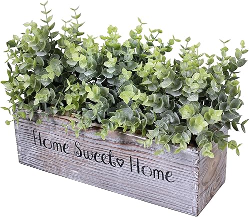 Miniatura 3 de 1 pieza de plantas de eucalipto en maceta de madera, arreglo vegetal, planta de eucalipto artificial en caja rectangular de madera para casa de