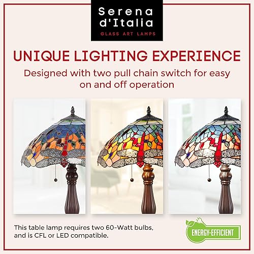 Miniatura 6 de Serena D'italia Lámpara de mesa Tiffany - Mesita de noche antigua de libélula roja - Lámpara de mesita de noche de cristal verde y azul - Lámpara de