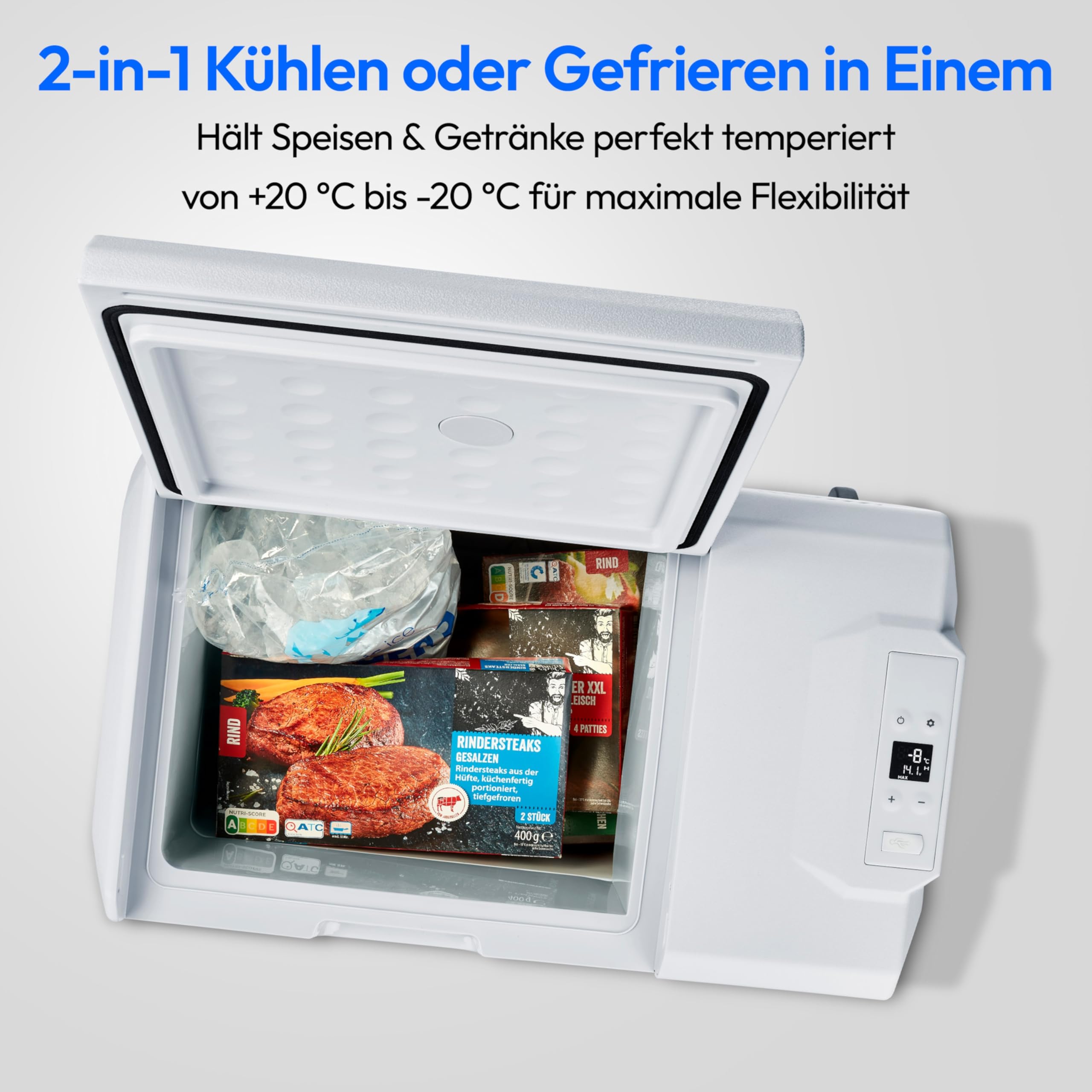 MEDION mobile elektrische Kompressor Kühlbox (50L Kapazität, elektrisch, Mini Kühlschrank & Gefrierbox, USB, 230V 12V 24V KFZ Adapter, für Auto LKW Wohnwagen Camping Boot Garten Festival, MD13112)