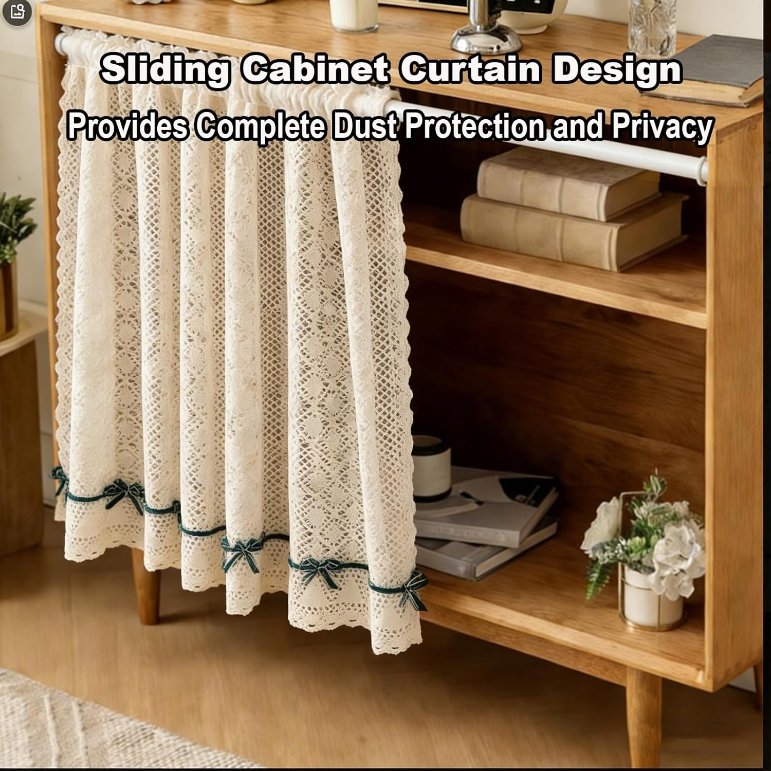 Boho Cabinet Curtains for Shelves, Crochet Under Sink Curtain with Dark Bow for Bathroom Closet Storage Laundry Room Home(60 * 100cm/24 * 39in)