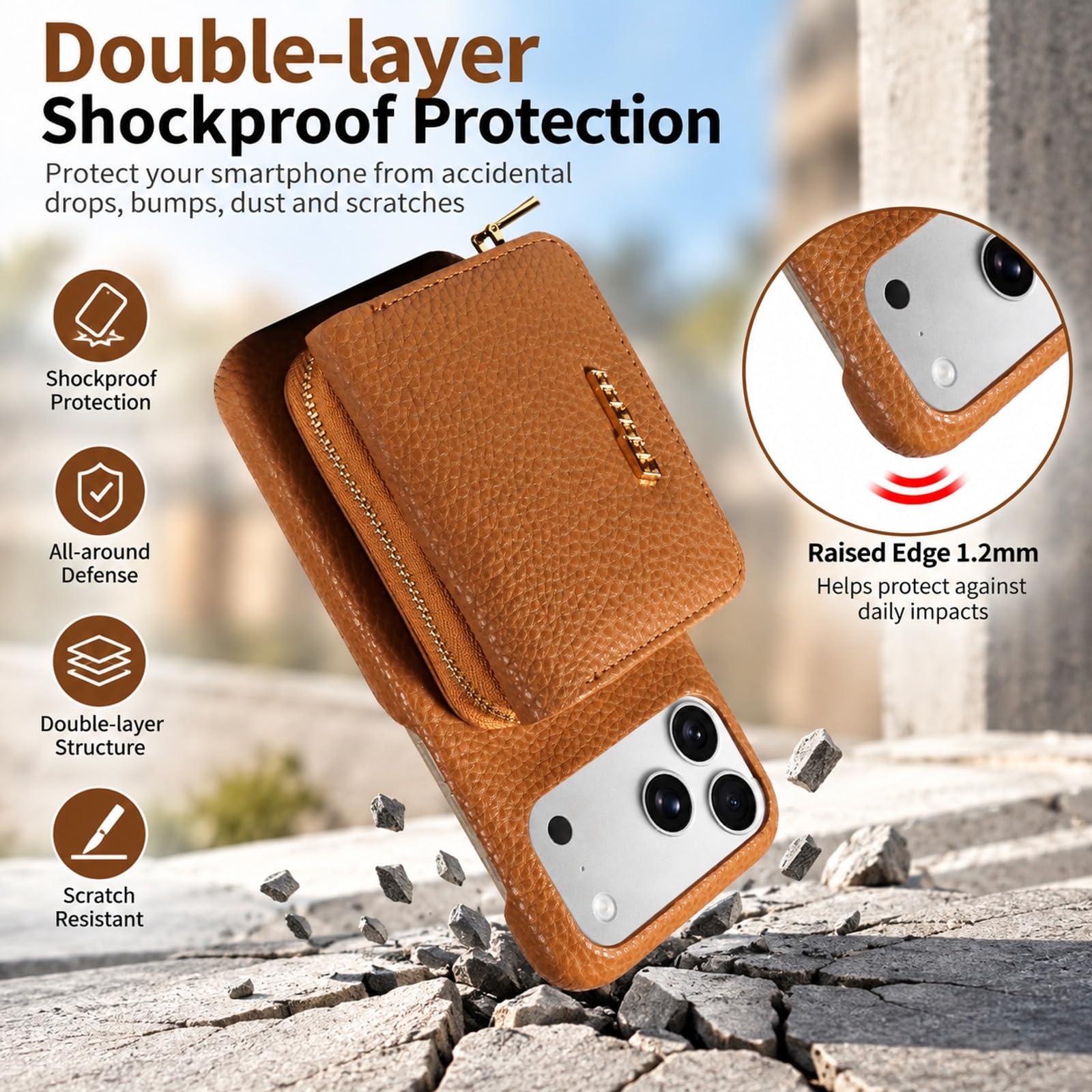Coque Portefeuille pour iPhone 16 Pro Max, Porte-Cartes Zippé - Crème