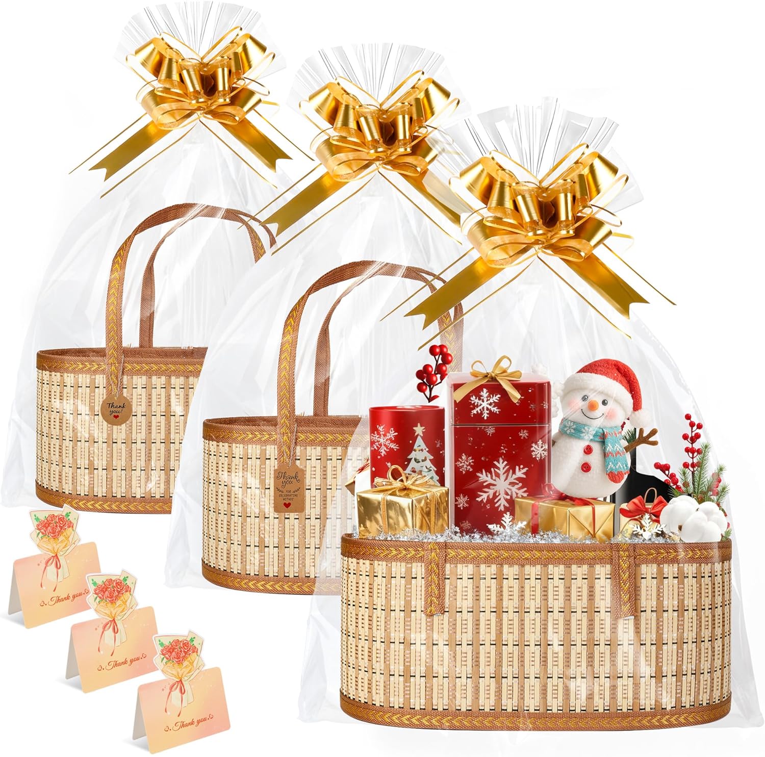 Leevcok 3 Set Baskets for Gifts Empty, Large Bamboo Gift Basket with Handle, Foldable Reusable Decorative Woven Basket for Christmas, Baby Shower, Mother's Day, Housewarming, Wedding