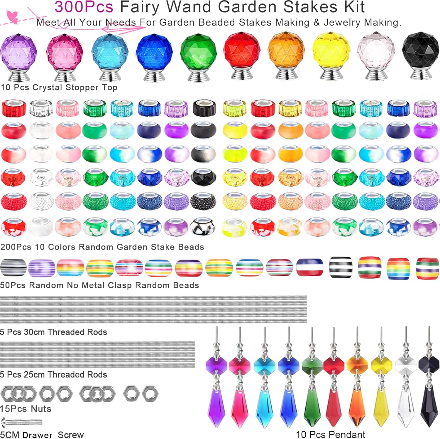 300 Pcs DIY Fairy Wand Beaded Garden Stakes Kit, Fairy Wands Garden Kit Colorful Large Hole Bead with Pendants Crystal Stopper Top Threaded Rod Beaded Garden Stakes Supplies for Outdoor Decorative