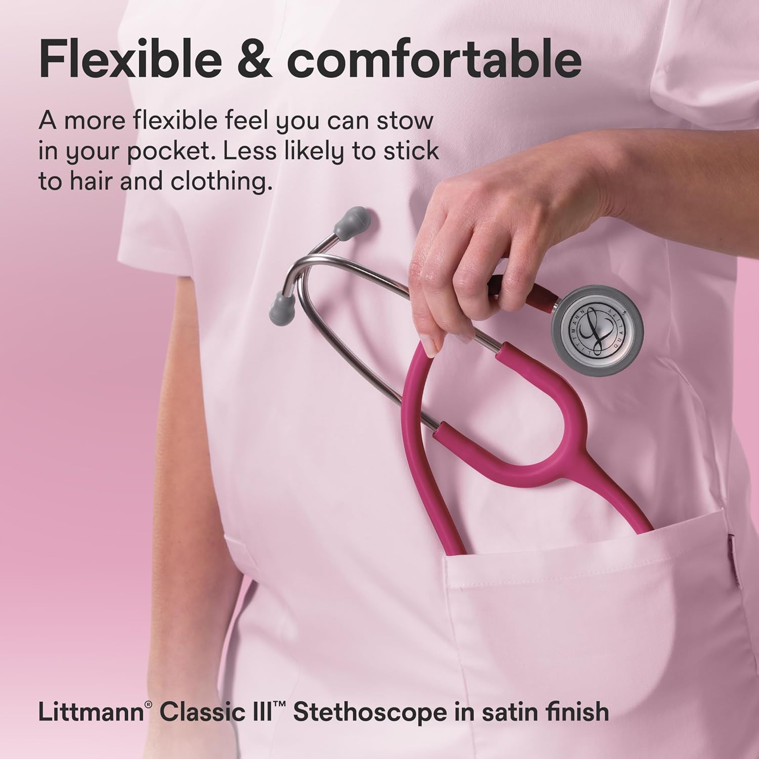 3M Littmann Classic III Stethoscope, 5648C, 27" Raspberry Satin Finish Tube for Added Comfort, Flexibility and Cleanability, Stainless Steel Chestpiece, More Than 2X as Loud, Weighs Less