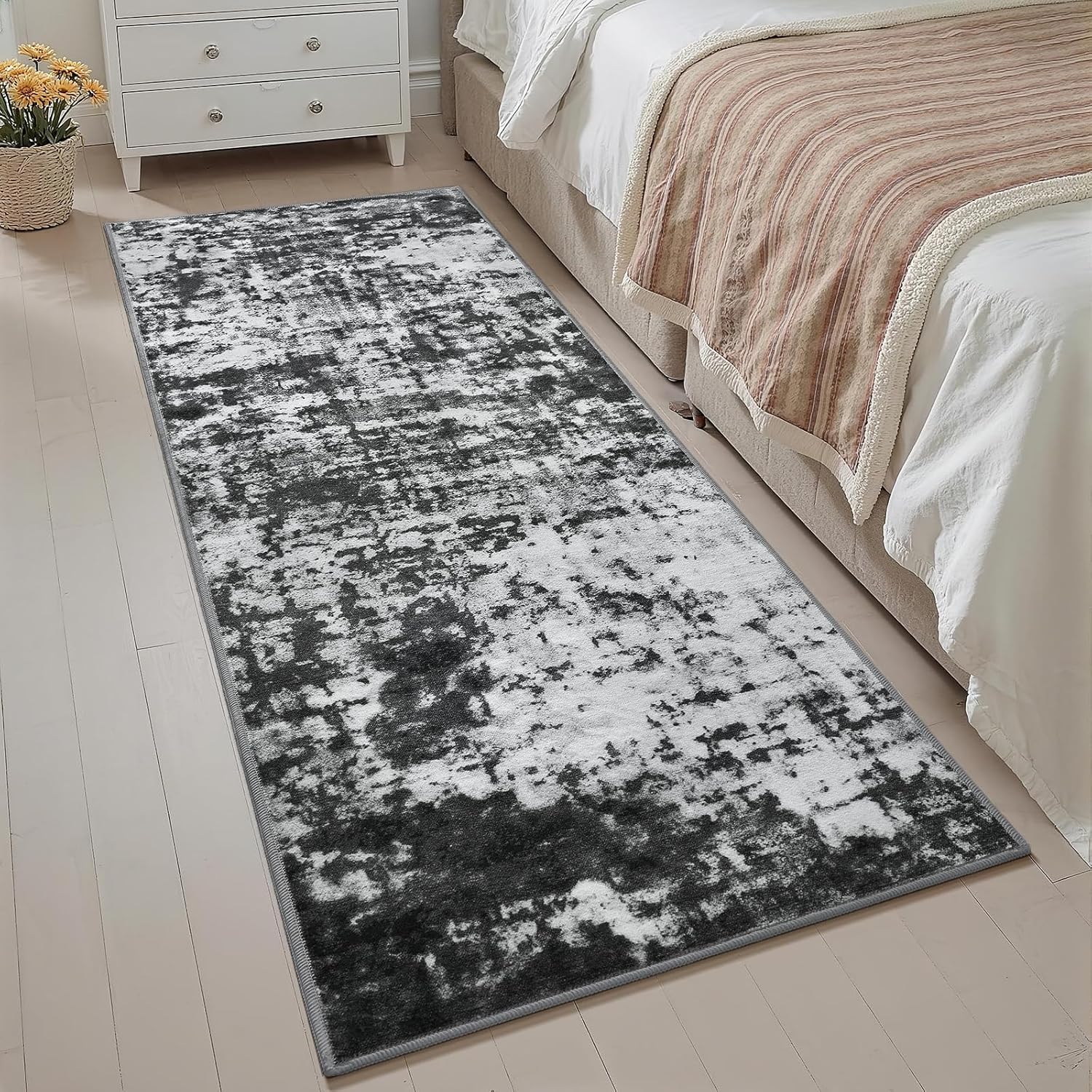 2x6 Washable Runner Rug Non Slip Runners for Hallway, Kitchen Soft Stain Resistant Floor Carpet with Rubber Backing Abstract Rugs for Entryway, Bedroom, Bathroom, Laundry Room, Black and White