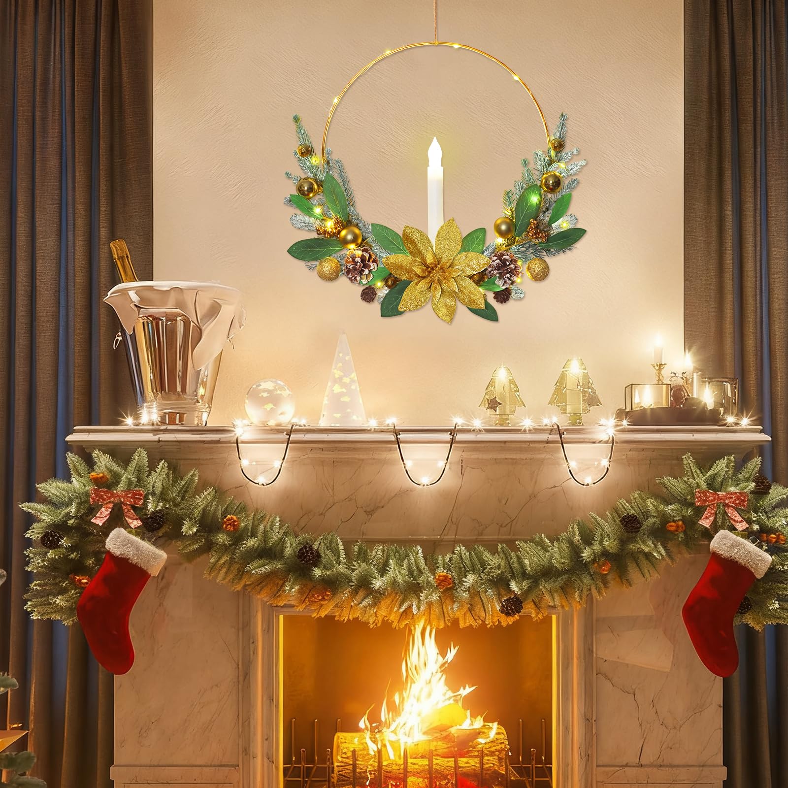 Betylifoy Lot de 2 couronnes de Noël rouges pour porte d'entrée de 40,6 cm avec bougies coniques à DEL pour porte d'entrée, fenêtre, cheminée, décorations de Noël (doré)