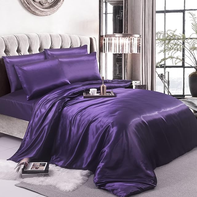 Lizzy Gorgeous 6Pcs Silk Satin Duvet Cover Silky Bedding Set Fitted Sheet, Duvet Cover & 4 x Pillow Cases Bed Linen Set Outlet (King, Aubergine)