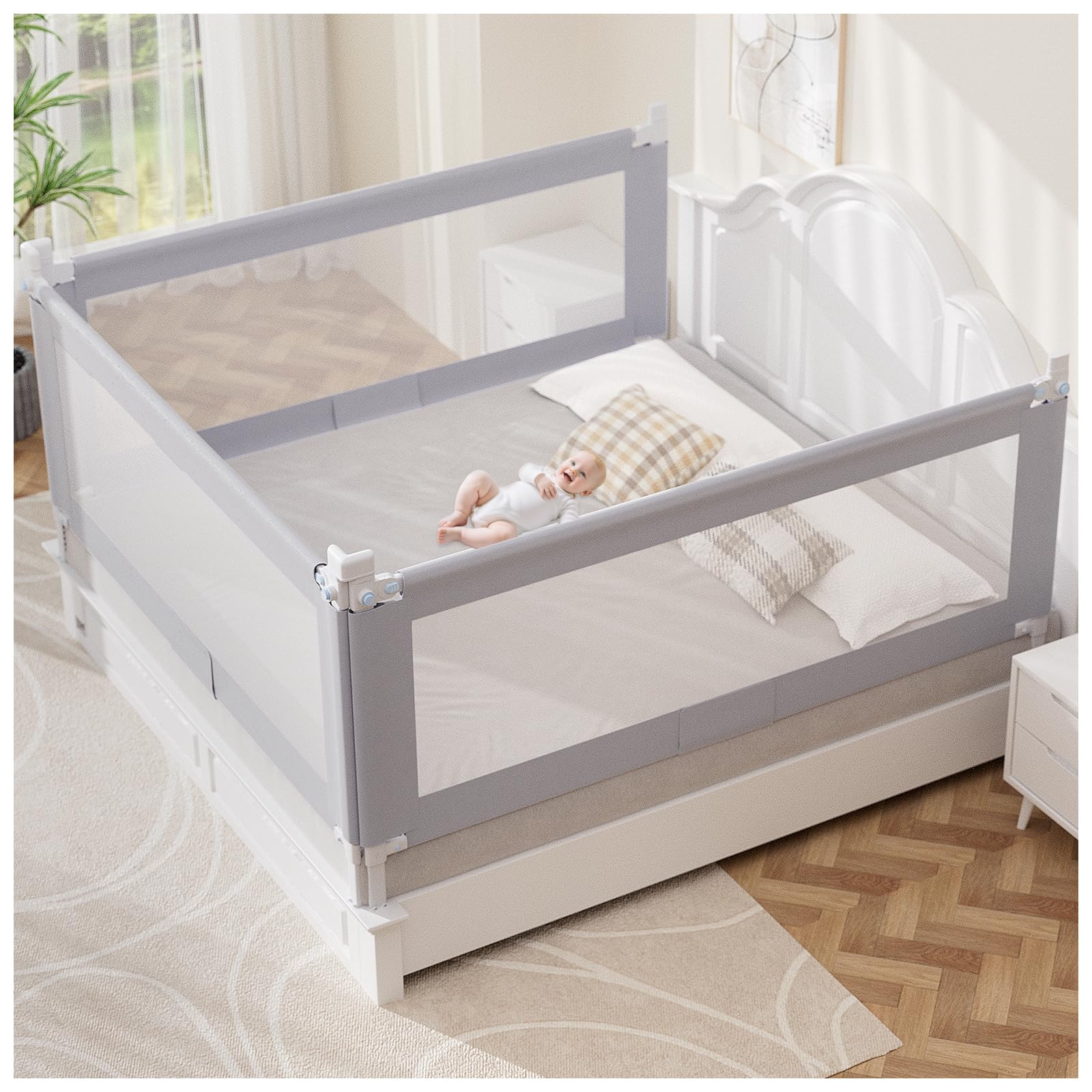 omzer Queen Bed Rails for Toddlers - Foldable Baby Bed Rail Guard with Child Lock Height Adjustable Bed Safety Rails for Children Bed Rail for Queen Size Bed - 3 Pack, 78.7x78.7x59”