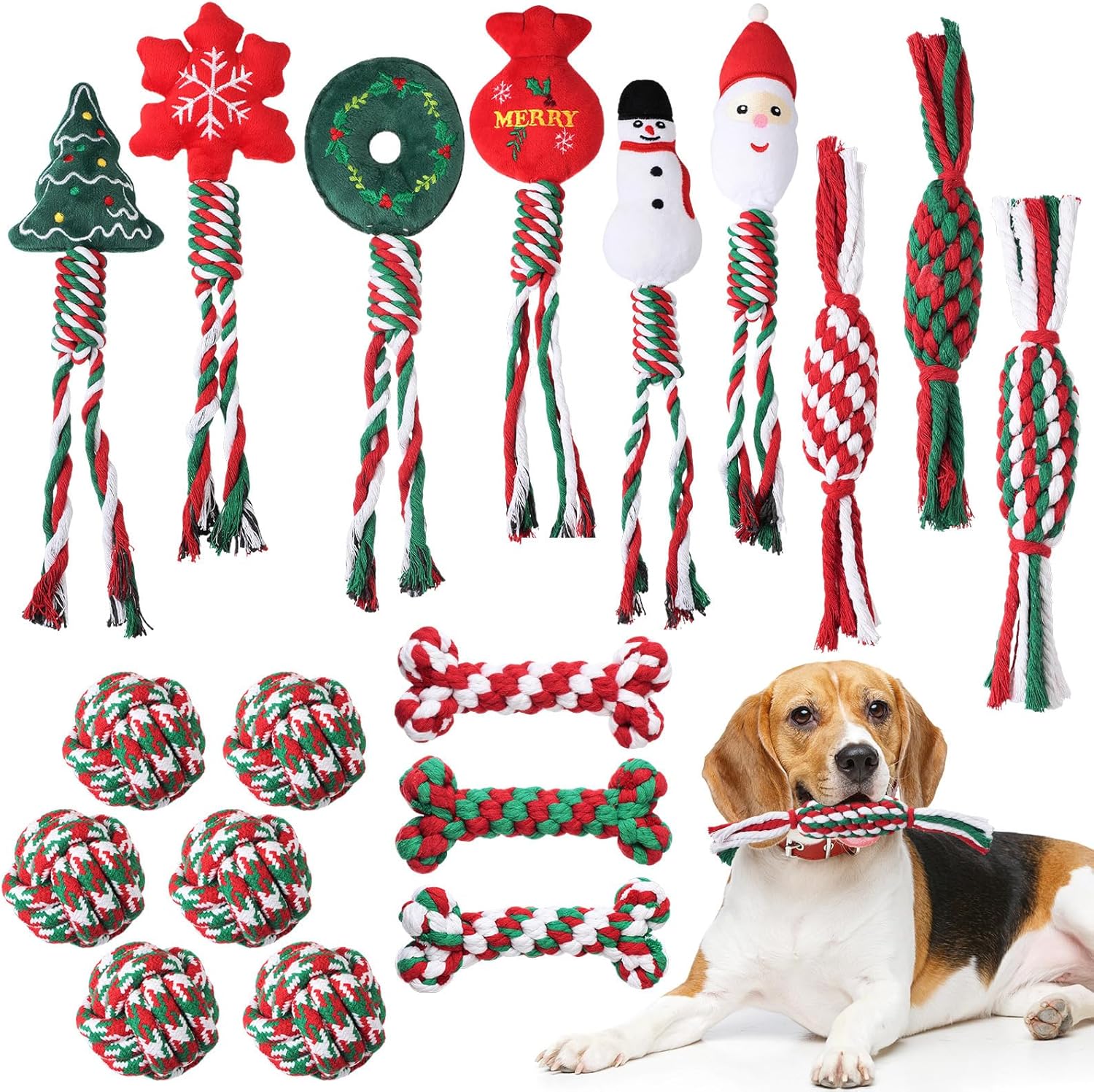 24 Pcs Christmas Dog Rope Toys Pets Puppy Chew Interactive Toys Tough Christmas Colored Chew Training for Small Medium Large Pet Teething Cleaning Gifts(Funny Style)