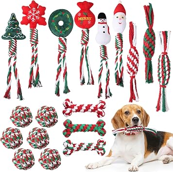 24 Pcs Christmas Dog Rope Toys Puppy Chew Teething, Funny Style | Interactive Training Toys Cotton Rope Candy Cane Bone Ball Shapes, Teeth Cleaning for Small to Large Dogs, Christmas Pet Gift