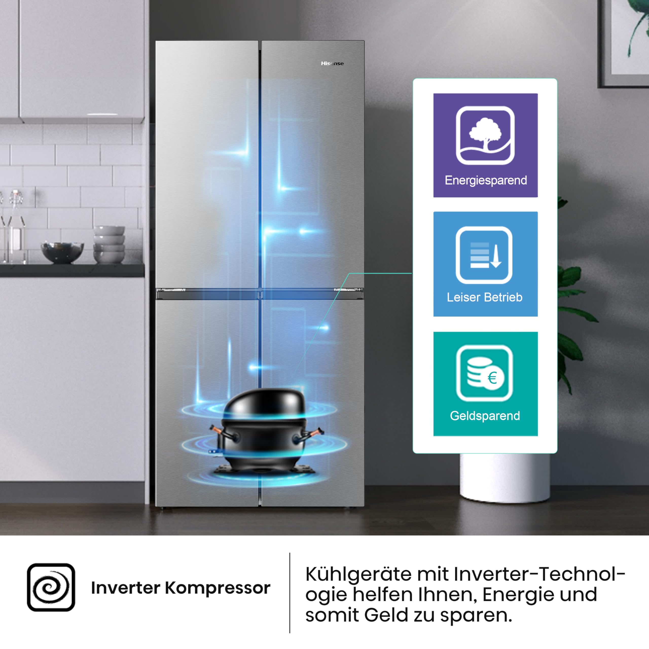 Hisense RQ563N4SI2 Cross Door Kühl-Gefrierkombination/ NoFrostPlus/ Inverter-Kompressor/ HolidayMode/ SuperCool/ 181 cm/ Kühlteil/ Gefrierteil/ 40 dB/ 279 kWh/ Jahr/ Inox-Look 454L – Bild 9