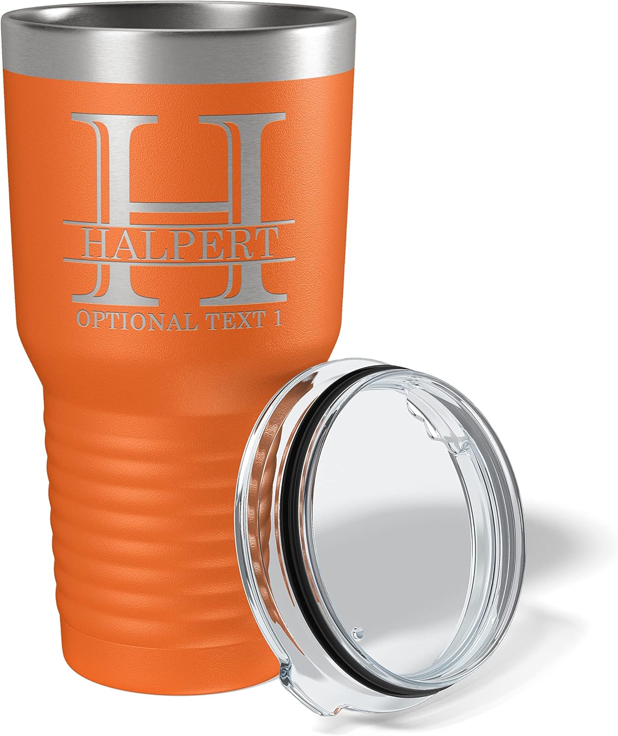Personalized 30oz (17 Colors) Powder Coated Insulated Stainless Steel Tumbler with Lid, Custom Etched, Customized Engraved Gift Idea for Women Men Her Him, Halpert Monogram Initial Name (Orange)