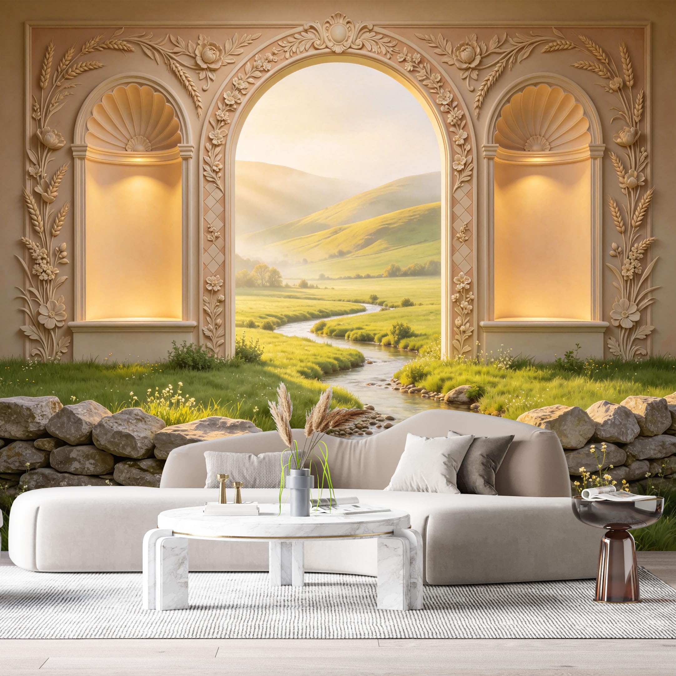 Custom Size Wall Murals Neoclassical Archway Meadow River Landscape 3D Trompe L'Oeil SelfAdhesiveWall Fabric Removable Wallpaper Wall Decor for Living Room Bedroom Bathroom