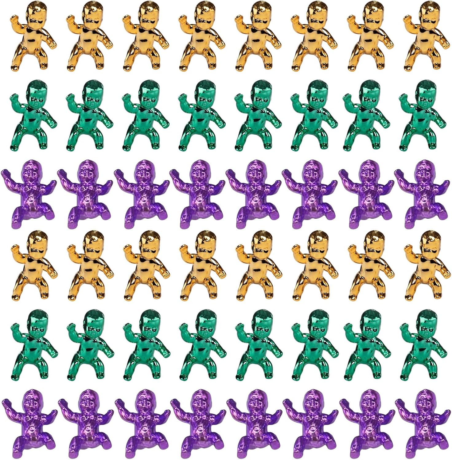 48Pcs King Cake Babies,1.2inch Mini Metallic Tiny Babies for Baby Shower,Purple Green Gold Tiny Plastic Baby,Ice Cube,Shower Games Cake Decorations