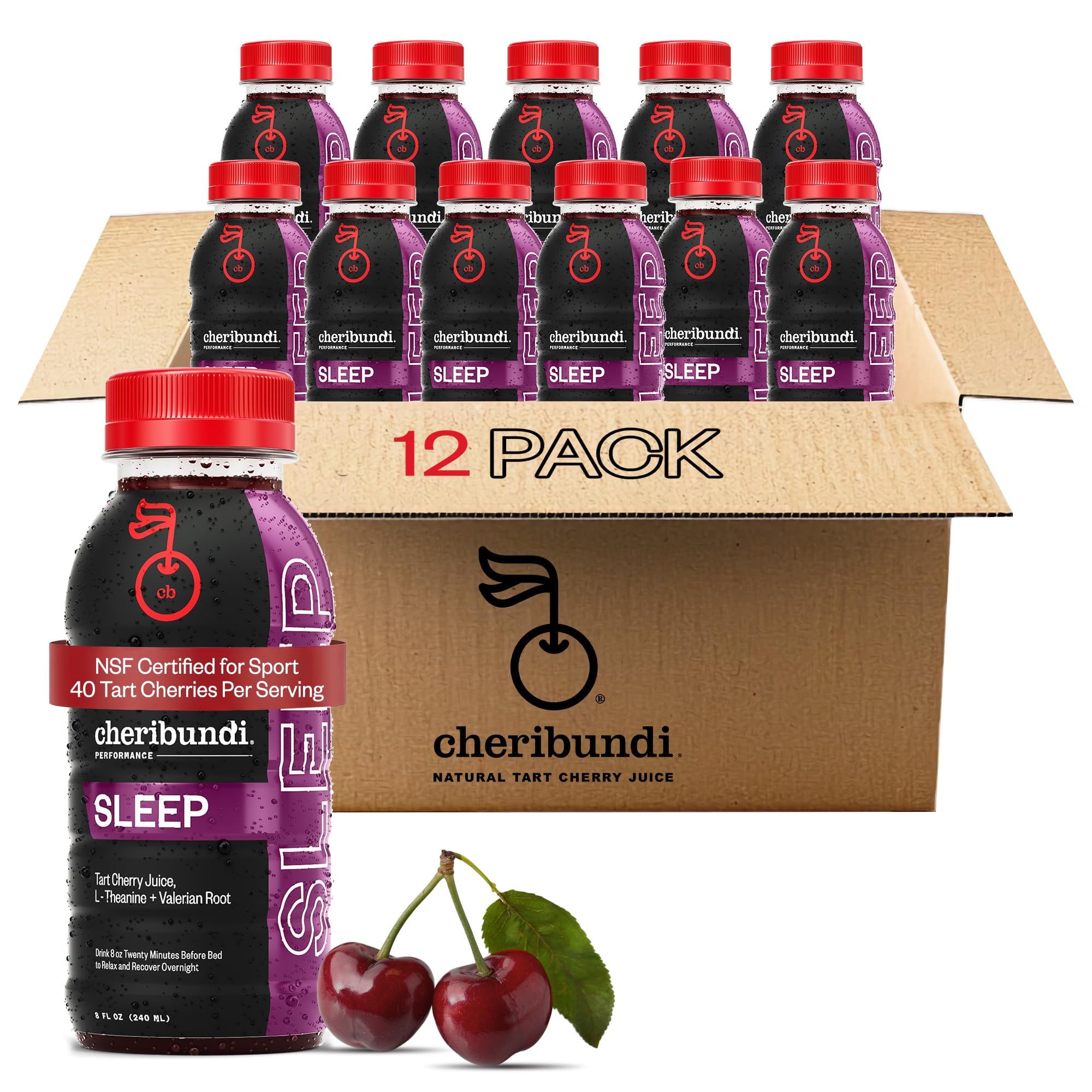 Cheribundi Tart Cherry Fruit Juice Sleep - Sweetened - 8 fl oz, 12 Pack | With L-Theanine, Valerian Root, & Stevia, Natural I