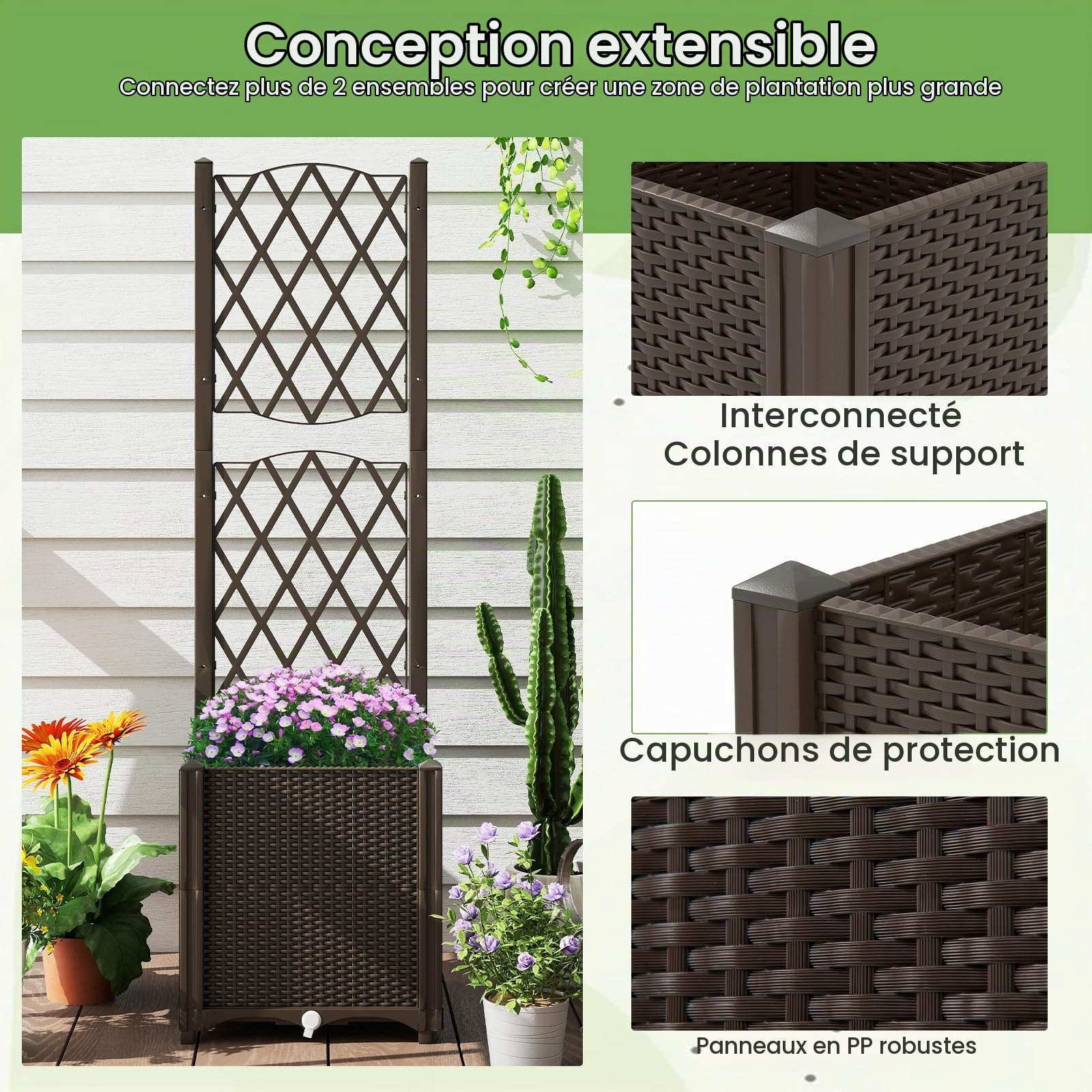 RELAX4LIFE Jardinière Surélevé avec Treillis 140CM avec 2 Bac à Fleurs, Disque Auto-Arrosant, Trous de Drainage pour Plantes Grimpantes Légumes Fleur pour Jardin Terrasse Balcon (Marron,40x40x140cm)