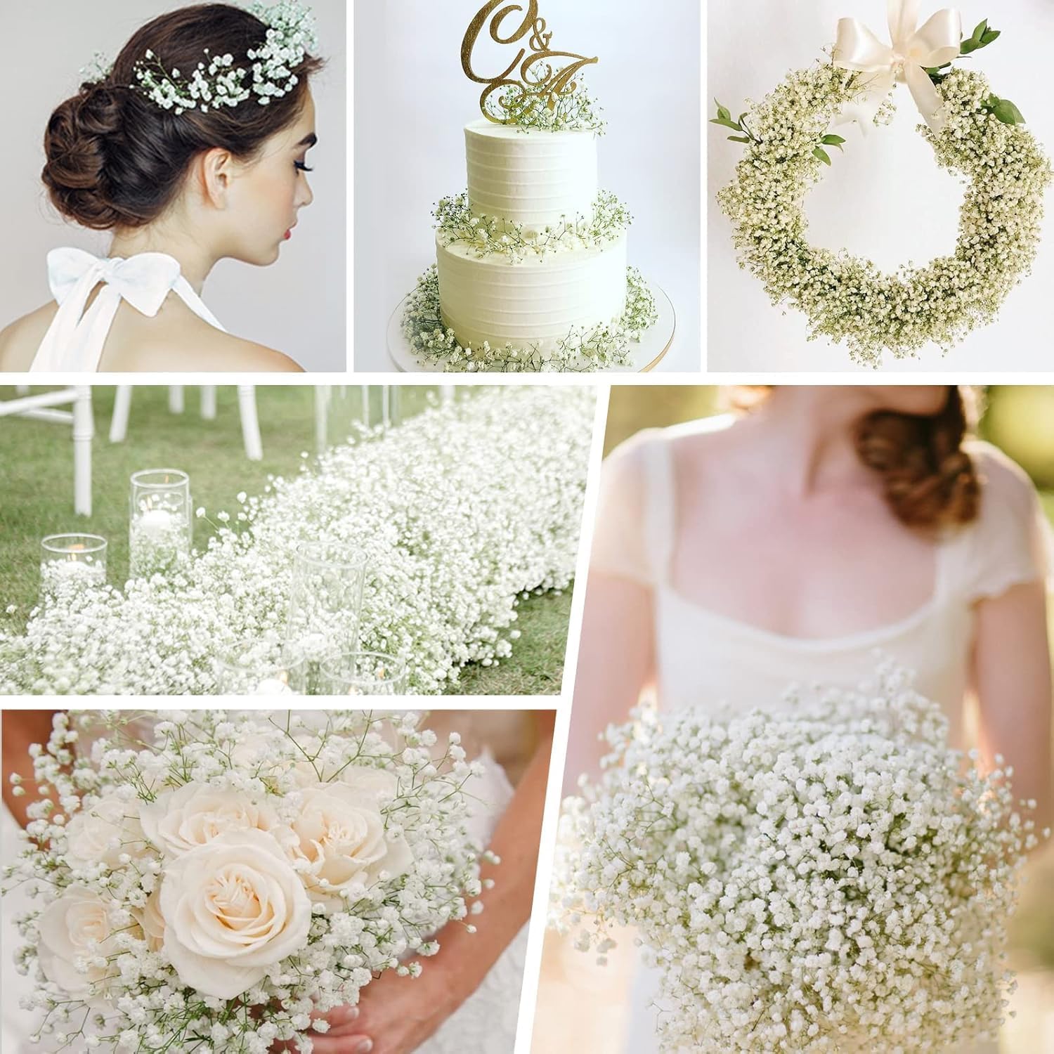 TIED RIBBONS Set of 6 Artificial Flowers Bunch Baby Breath for Vase Pot Home Decoration Realistic Faux, Living Room, Office, Wedding & Party Décor Home (Vase not Included)