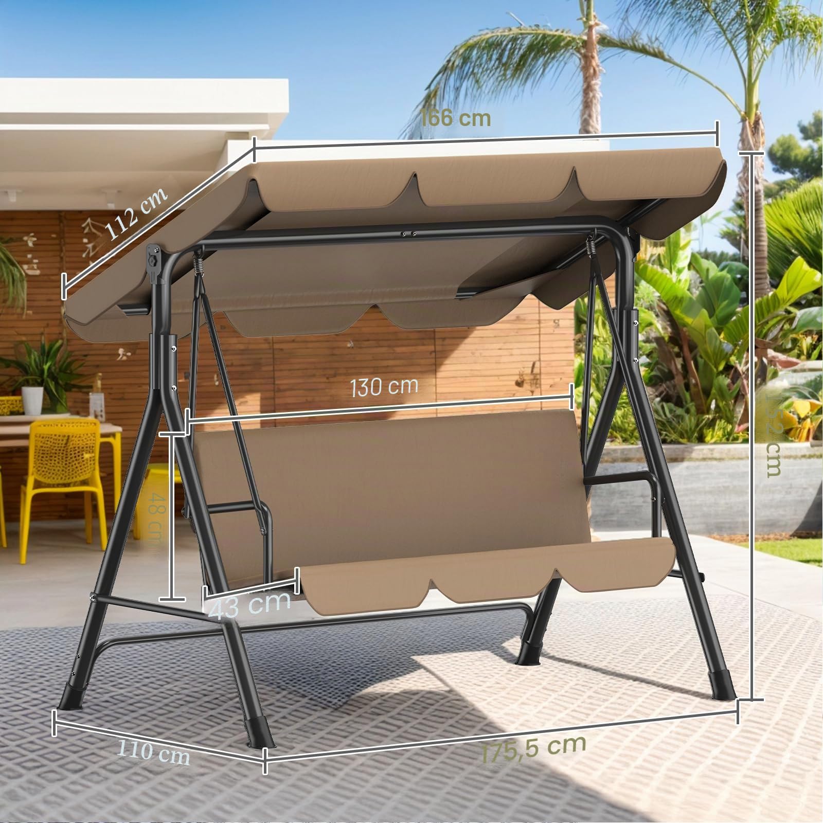 Dondolo da giardino a 3 posti, tettuccio parasole regolabile, imbottitura, acciaio, 175x110x152 cm, per giardino e terrazza, portata 200 kg, marrone