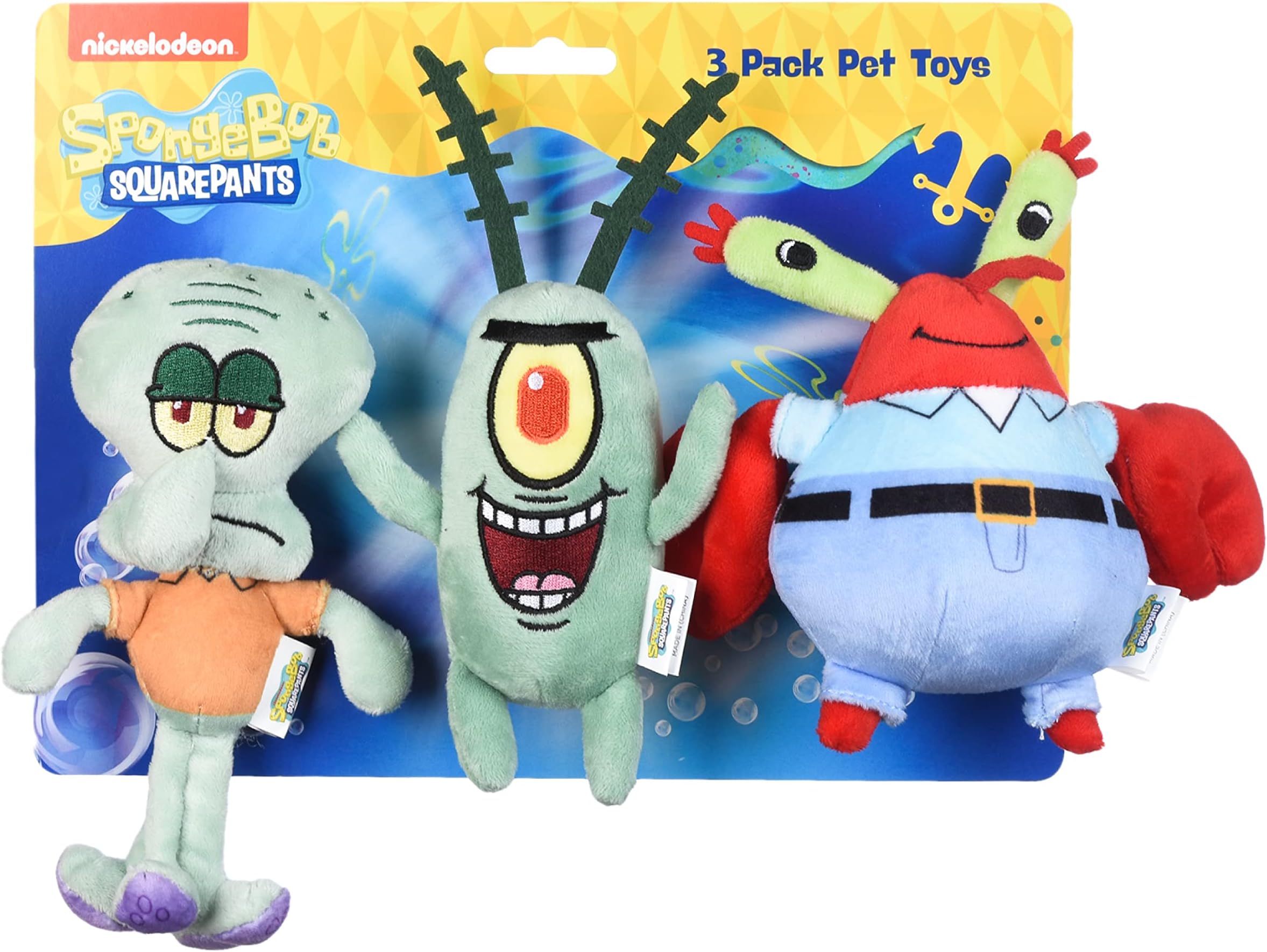 SpongeBob SquarePants for Pets 3 Piece Squidward, Plankton, and Mr. Krabs Figure Plush Dog Toy | 6 Inch Small Dog Toys for Spongebob Fans | Squeaky Dog Toys for All Dogs