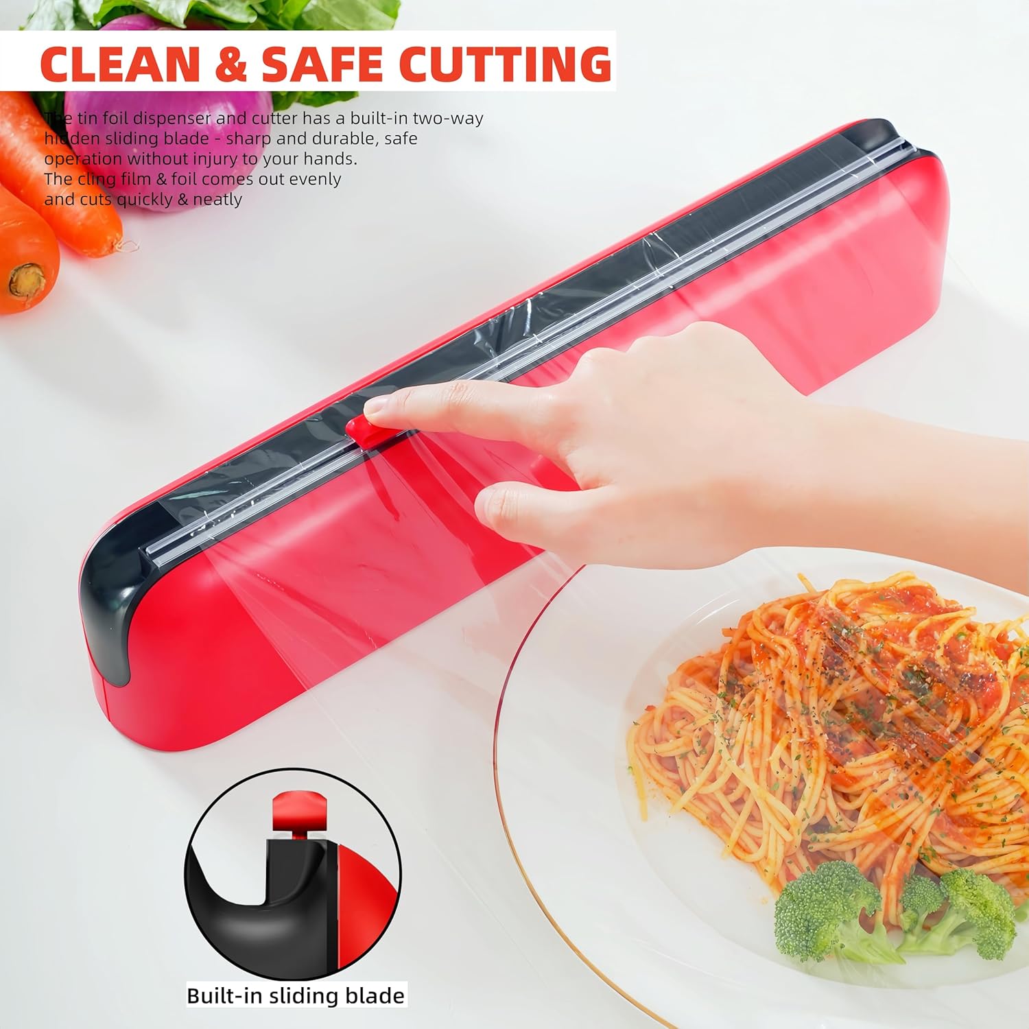 Aluminum Foil & Plastic Wrap Dispenser with Cutter - Easy One-Hand Operation, Space-Saving Kitchen Organizer for Worktops & Cabinets, Magnetic Cling Film Dispenser - Fits 12" Rolls, Red - Image 3